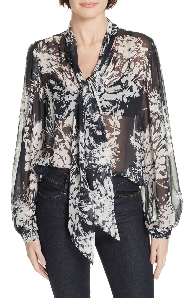 Cleone Tie Neck Sheer Floral Silk Blouse, Main, color, ECLIPSE NATURE WHITE