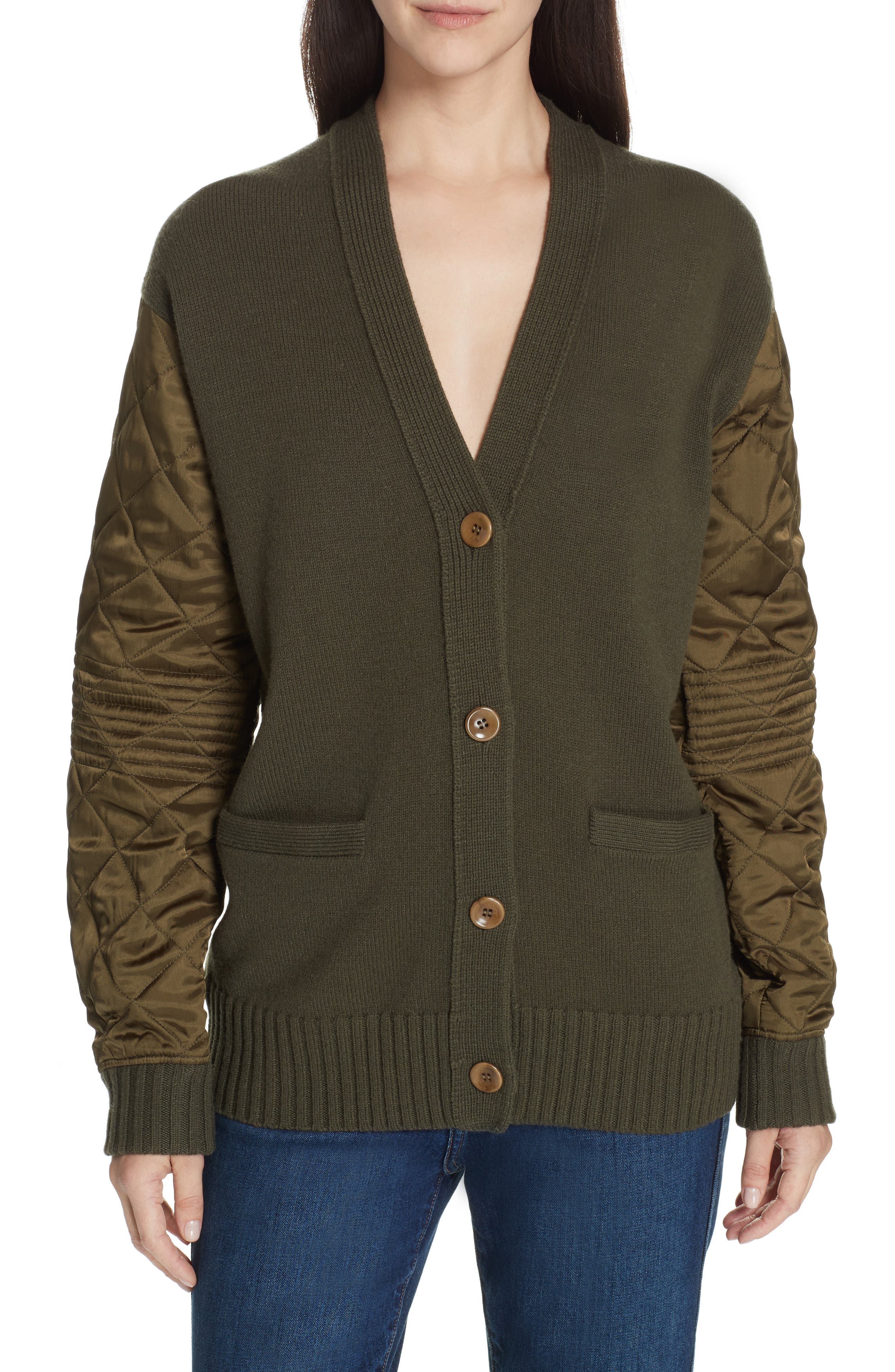 Proenza Schouler Pswl Quilted Sleeve Merino Wool Cardigan, Green