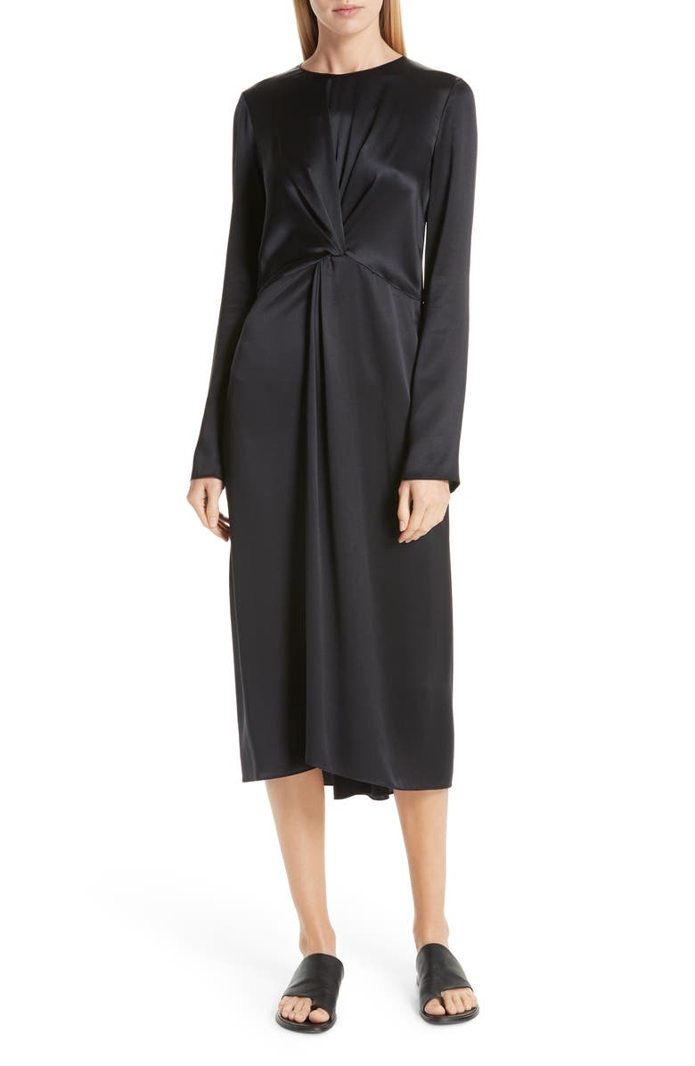 Vince Front And Back Twist Silk Dress In Black | ModeSens