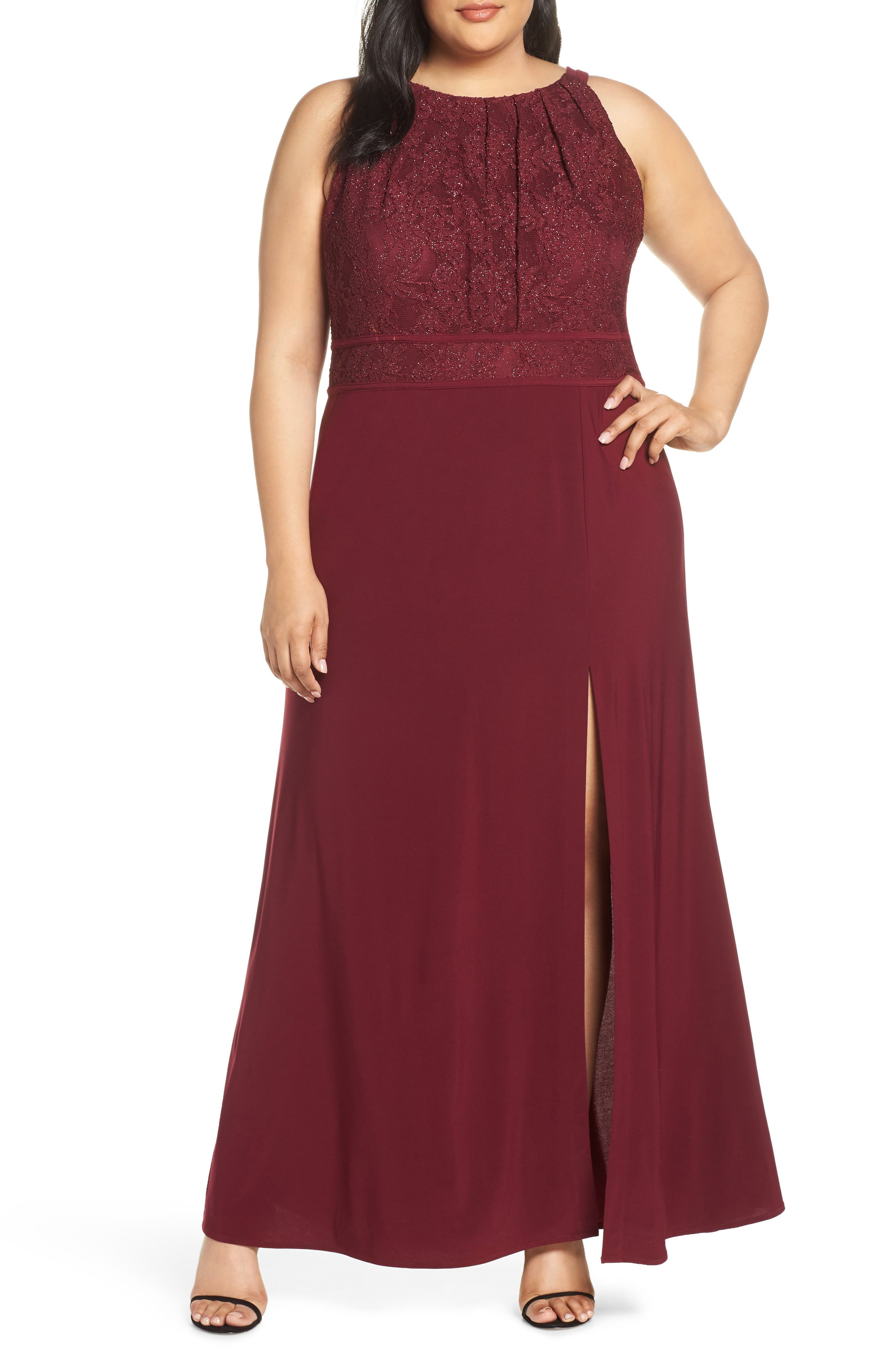 Plus Size Morgan And Co. Pleat Lace Bodice Evening Dress, Burgundy