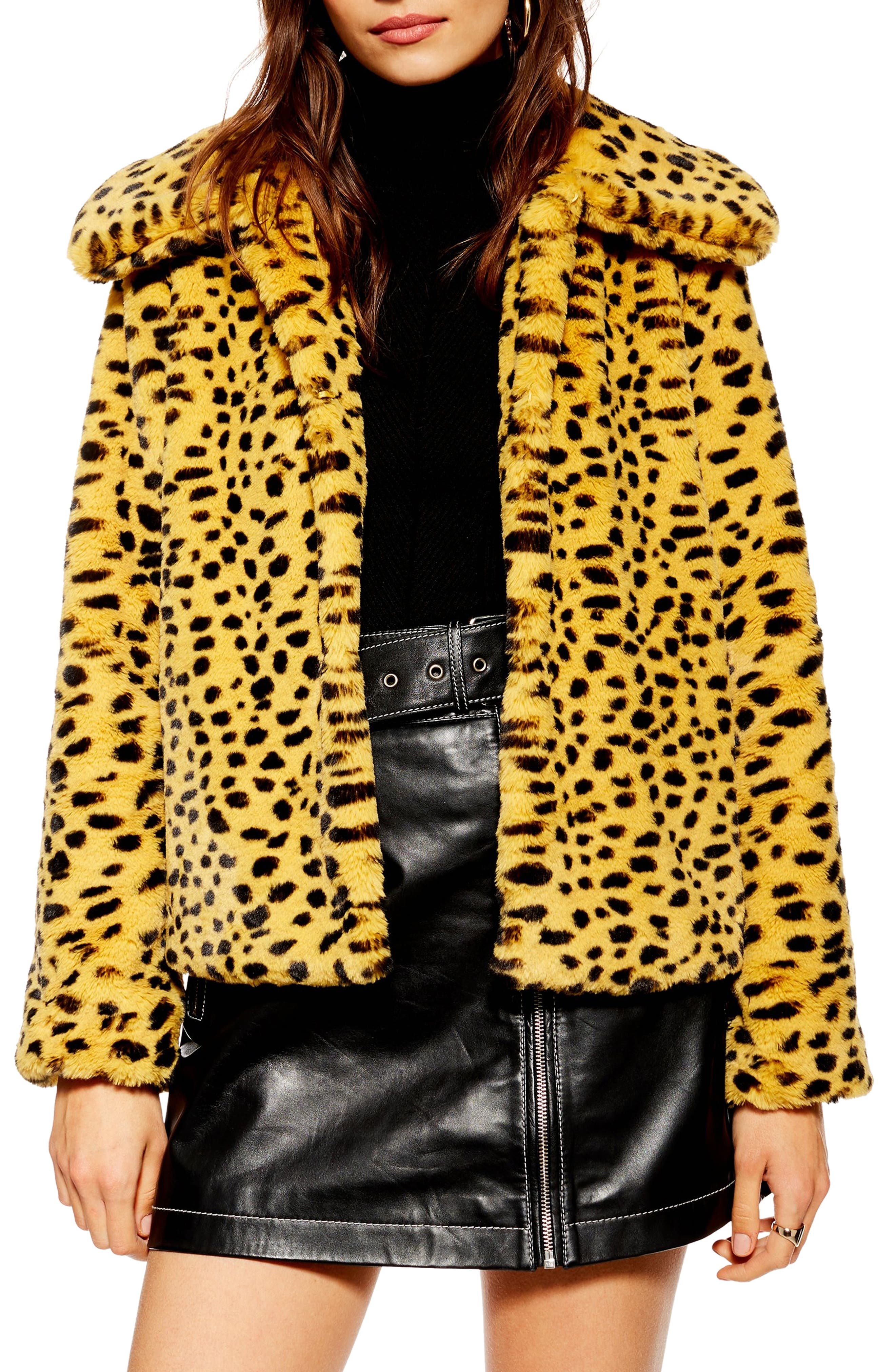 Topshop Cheetah Print Faux Fur Coat, US (fits like 0) - Yellow