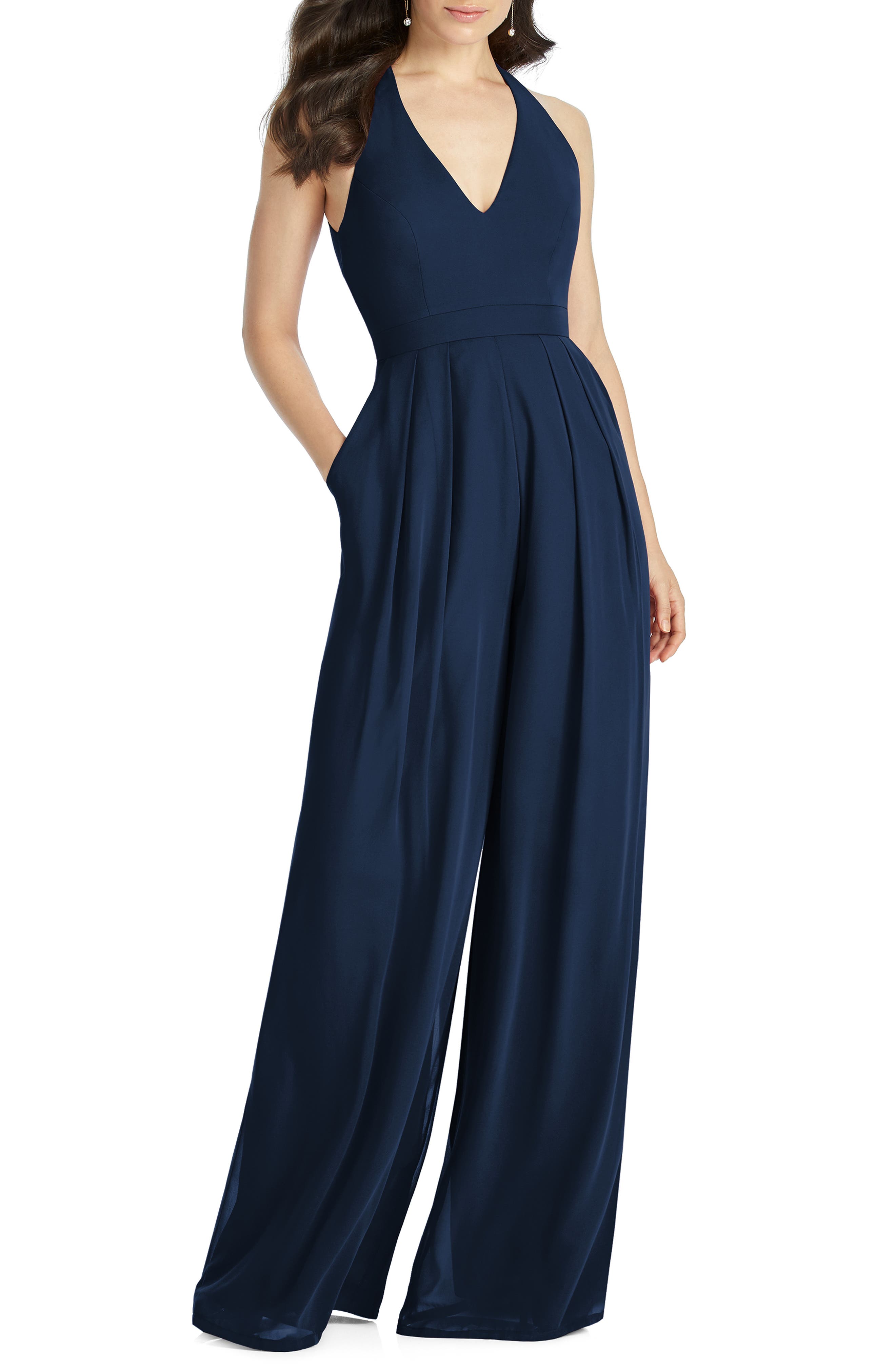 Dessy Collection Arielle V-Neck Lux Chiffon Jumpsuit, Blue