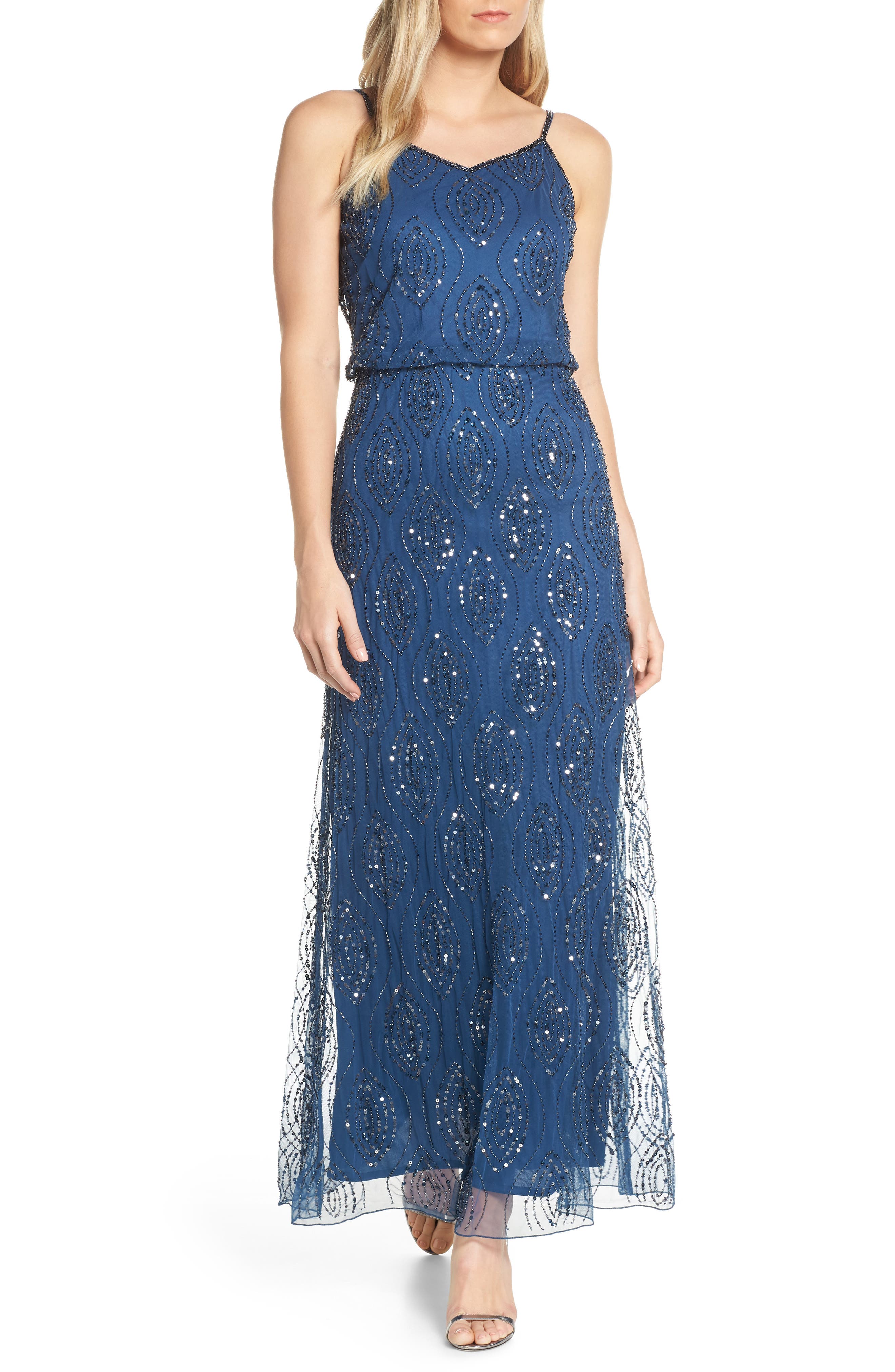 Pisarro Nights Bead Embellished Blouson Evening Gown, Blue