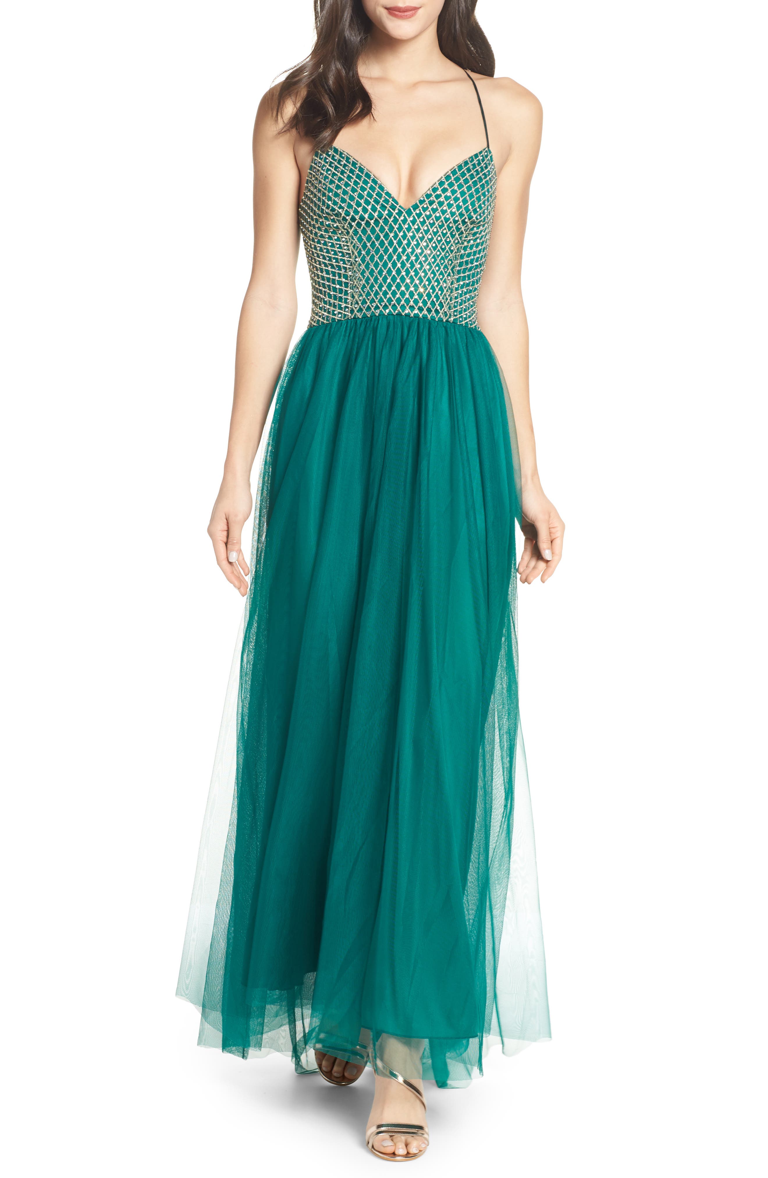 Sequin Hearts Embellished Bodice Gown, Green