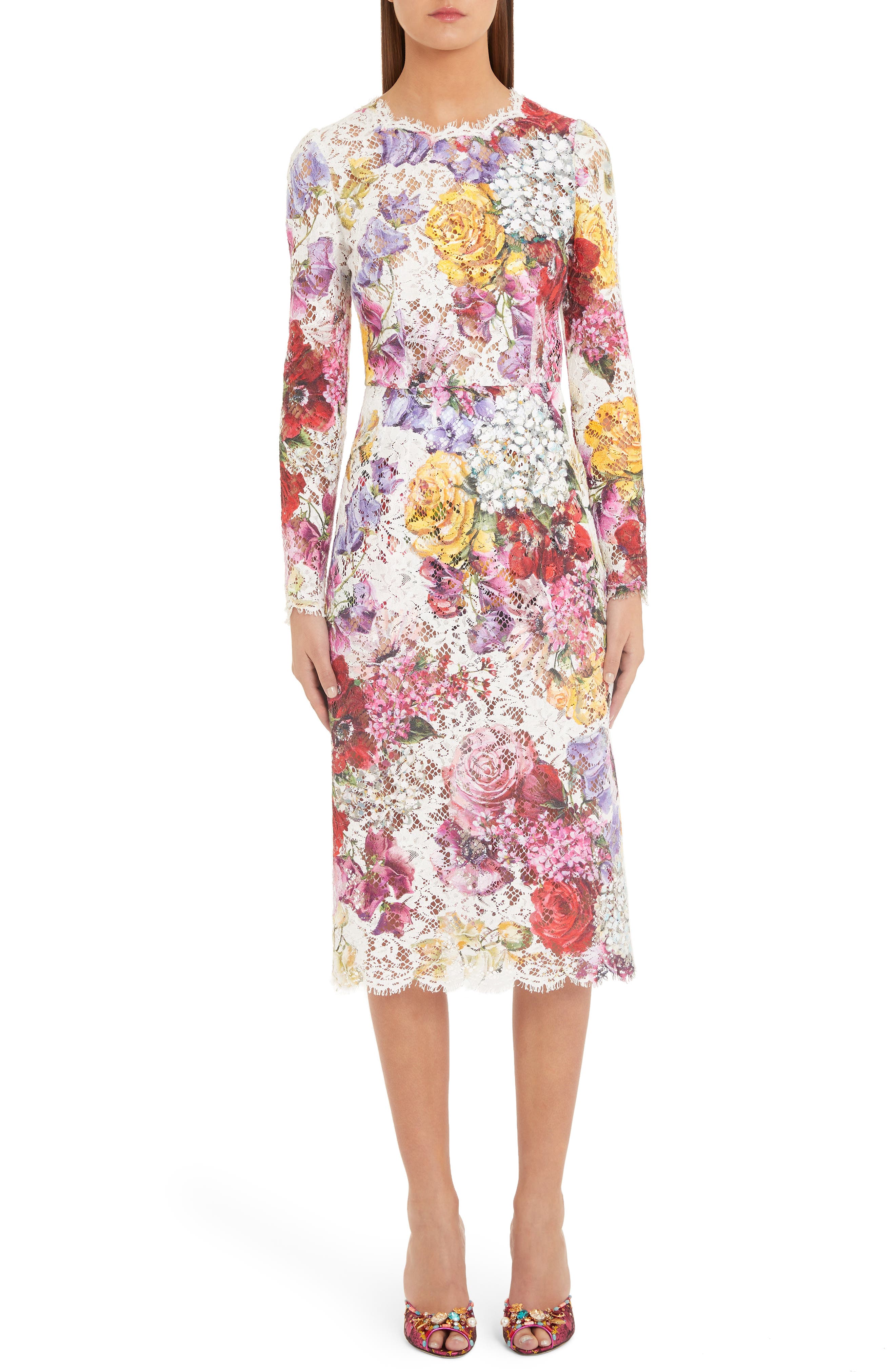 Dolce & gabbana Floral Print Lace Pencil Dress, 8 IT - White