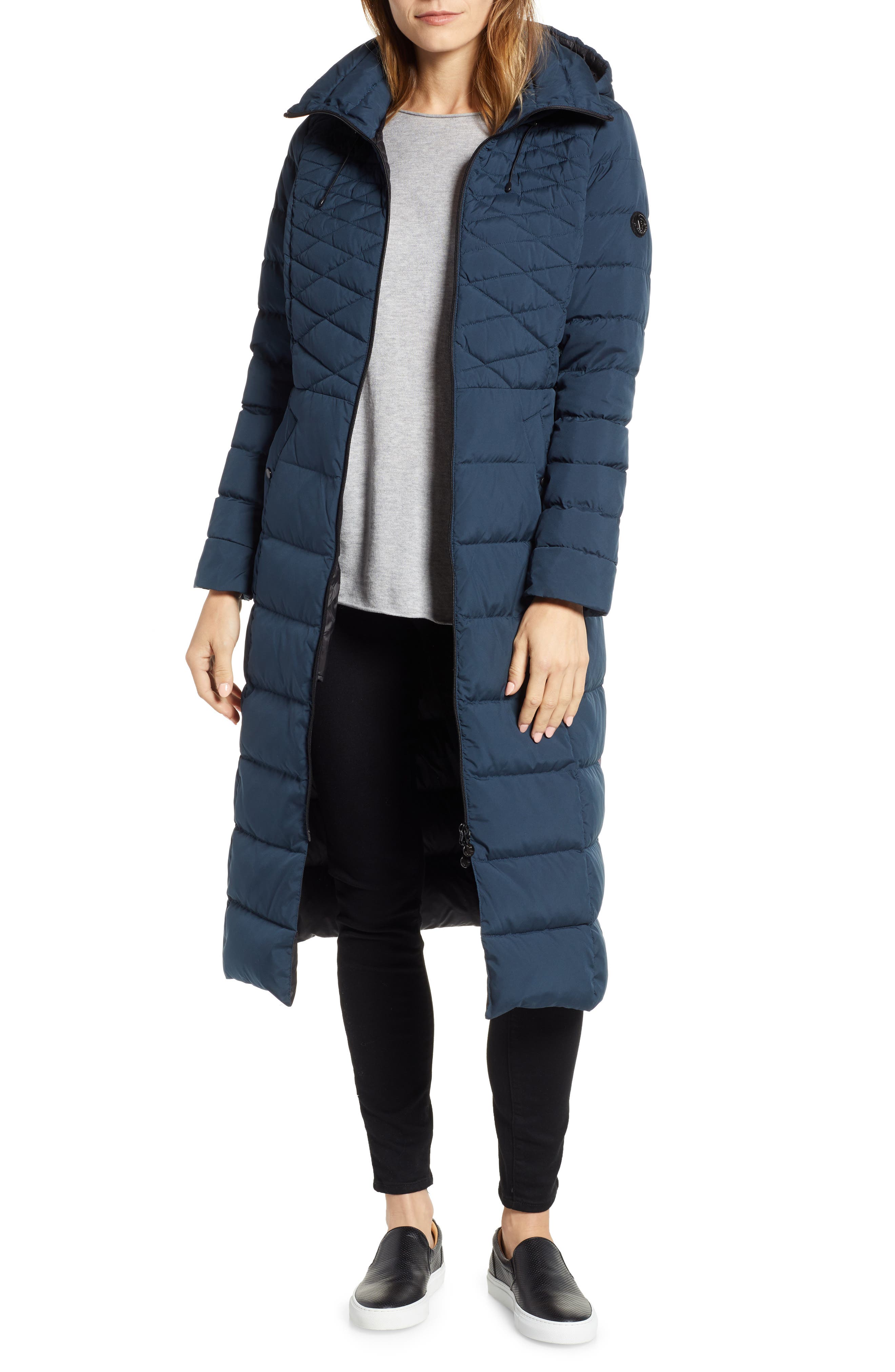 Bernardo Quilted Long Coat With Down & Primaloft Fill, Blue