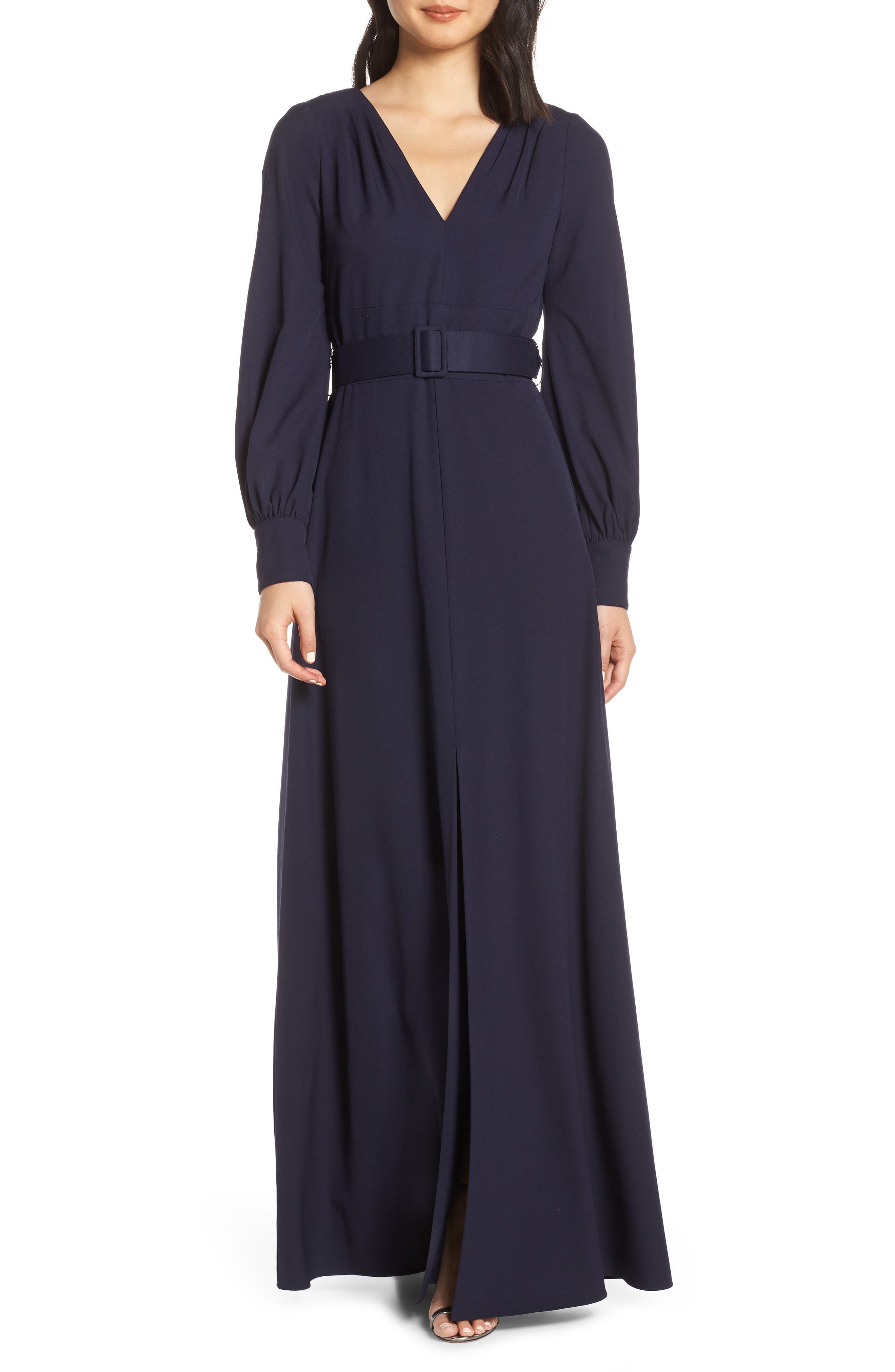 Eliza J Long Sleeve Belted Gown, Blue