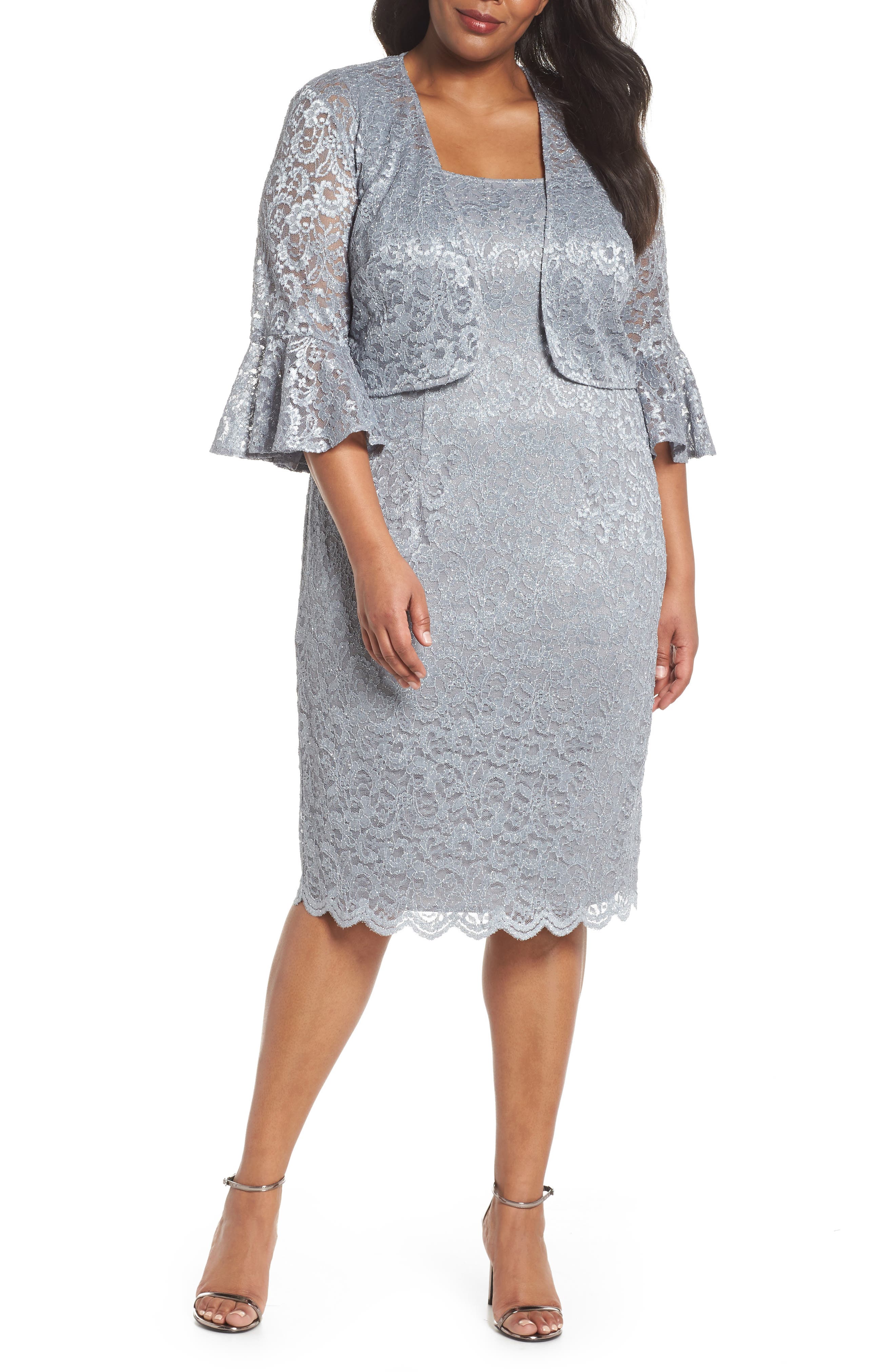 Plus Size Alex Evenings Lace Sheath Dress With Bolero Jacket, Metallic