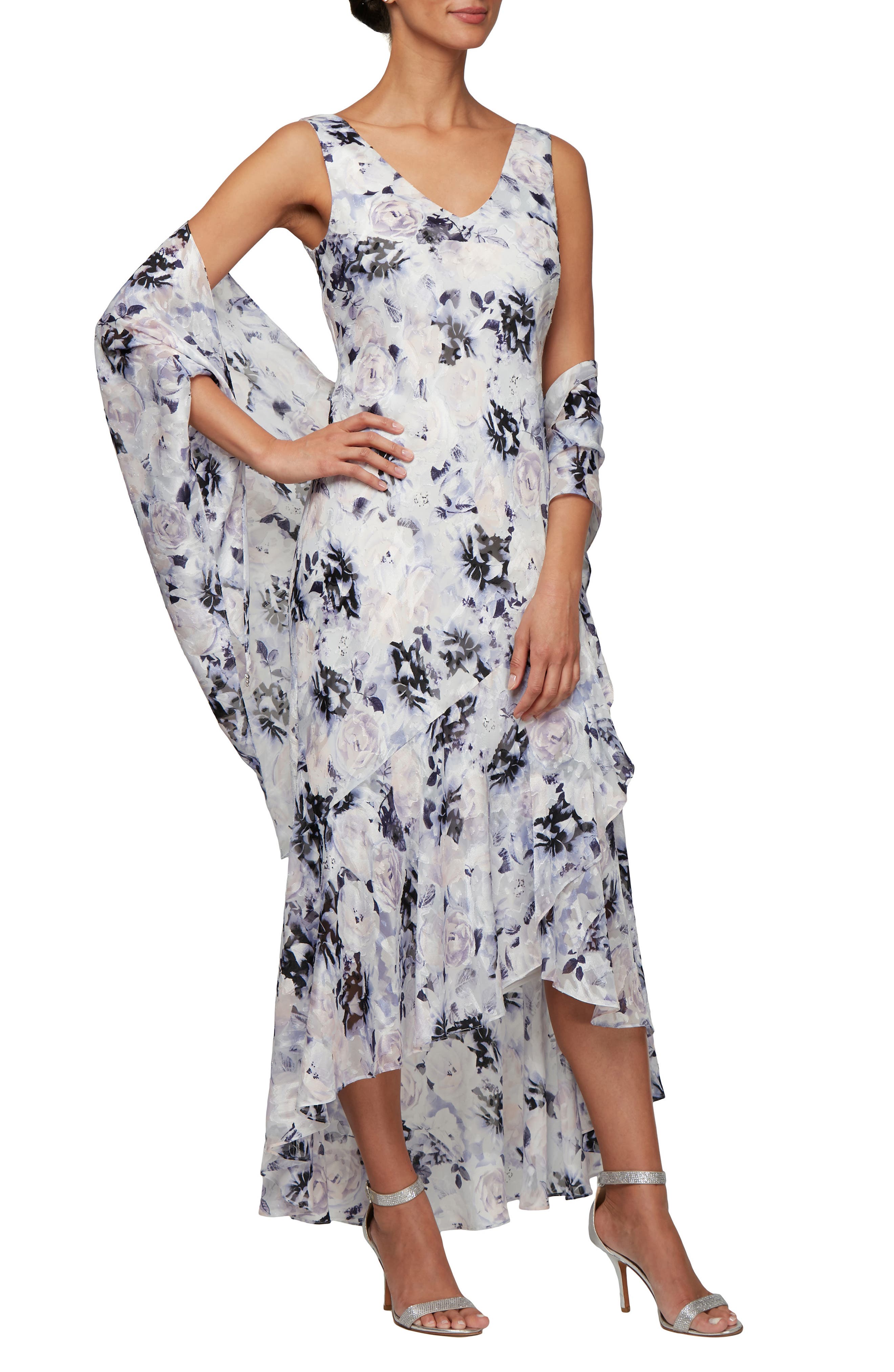 Petite Alex Evenings Floral Burnout High/low Chiffon Evening Dress With Wrap, Purple
