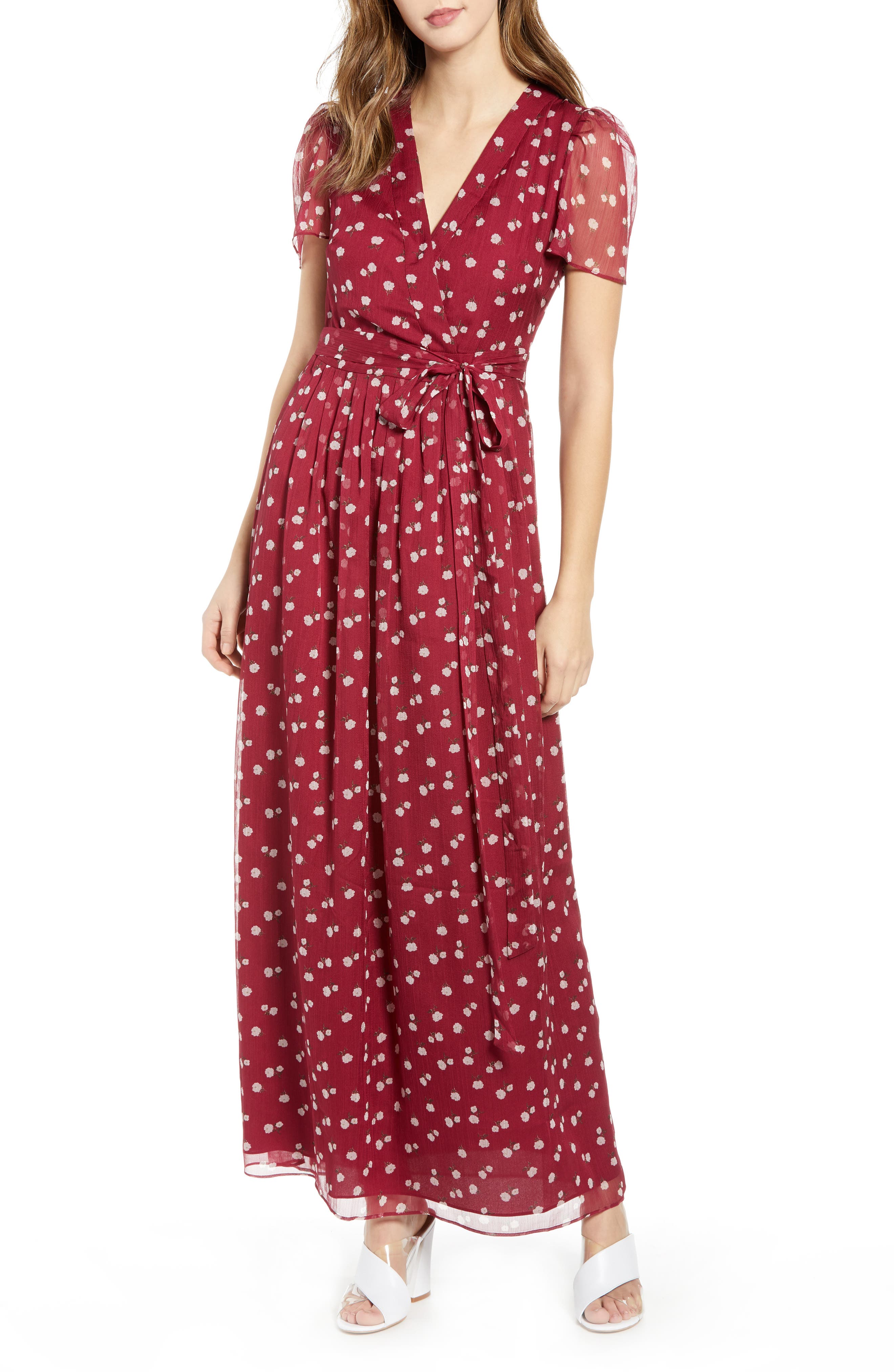 Wayf Rhoda Pleated Maxi Dress, Burgundy