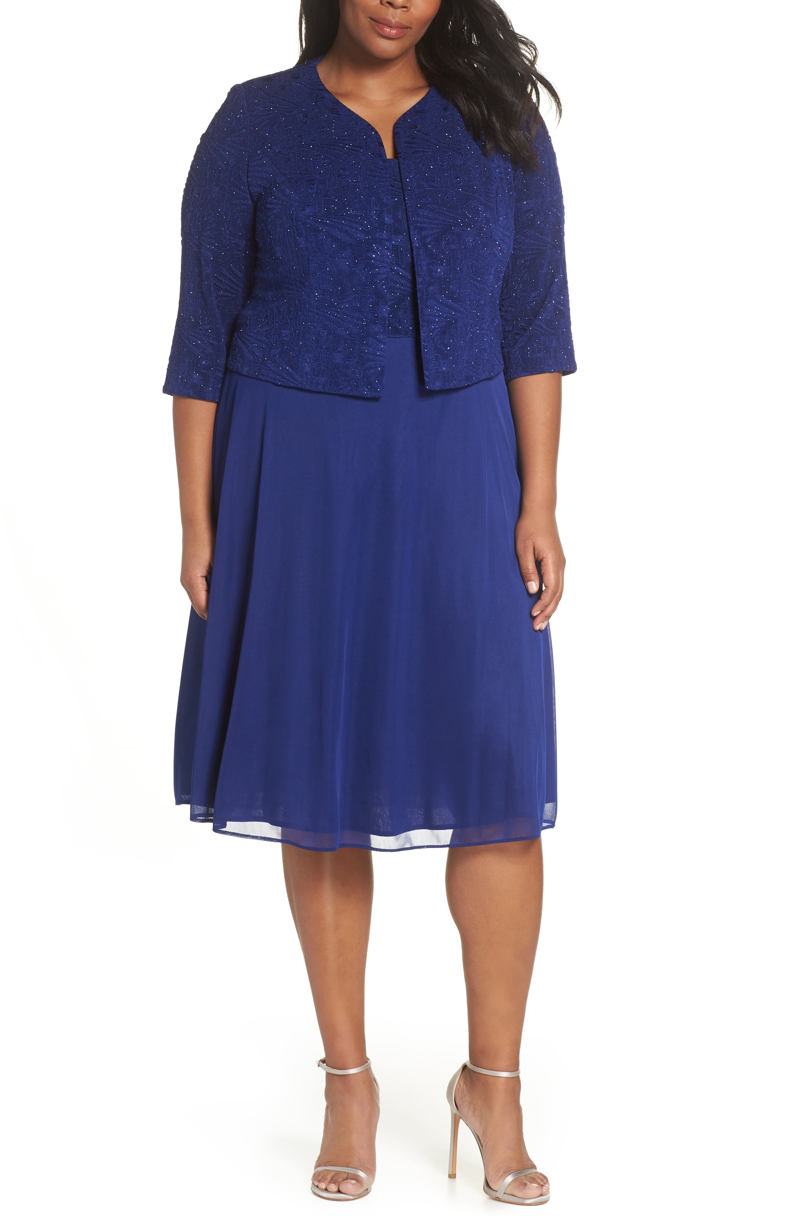 Plus Size Alex Evenings Textured Knit & Chiffon Cocktail Dress With Jacket, Black