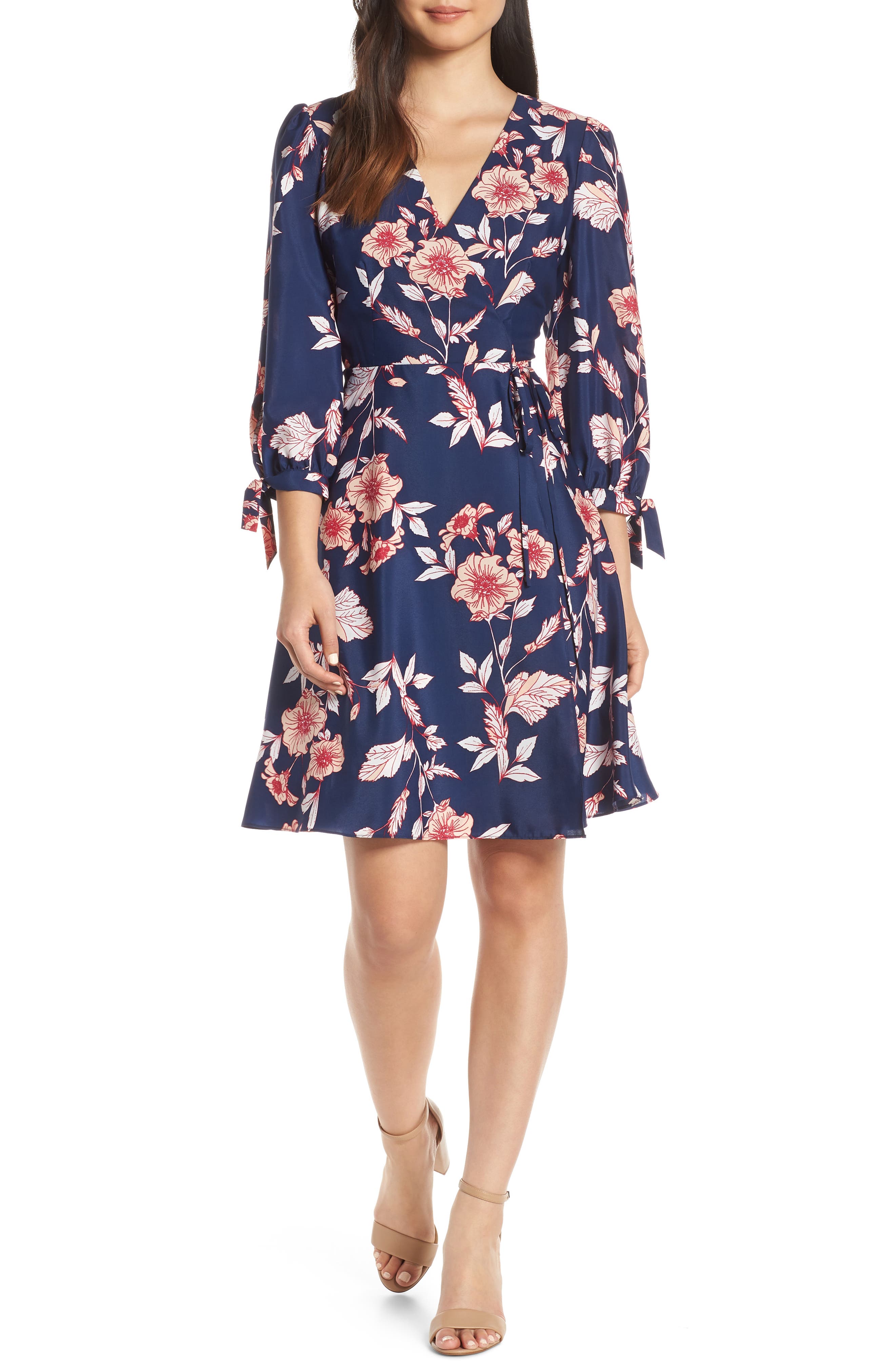 Eliza J Floral Print Faux Wrap Dress, Blue