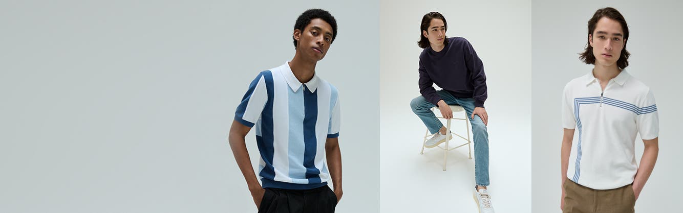 Models wearing polo shirts and pants, sweatshirts and jeans.