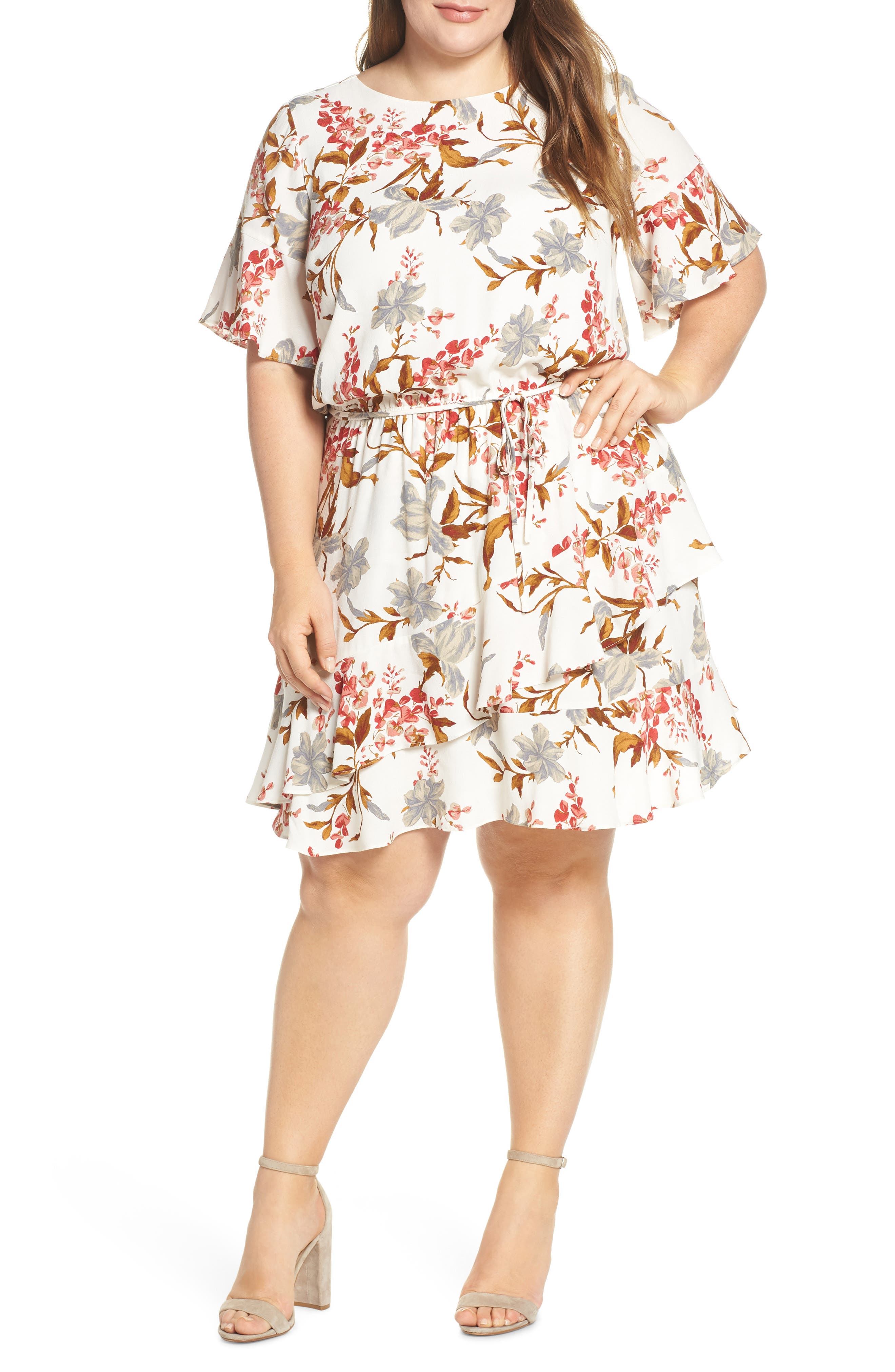Plus Size Vince Camuto Ruffle Wildflower Print Dress, Ivory