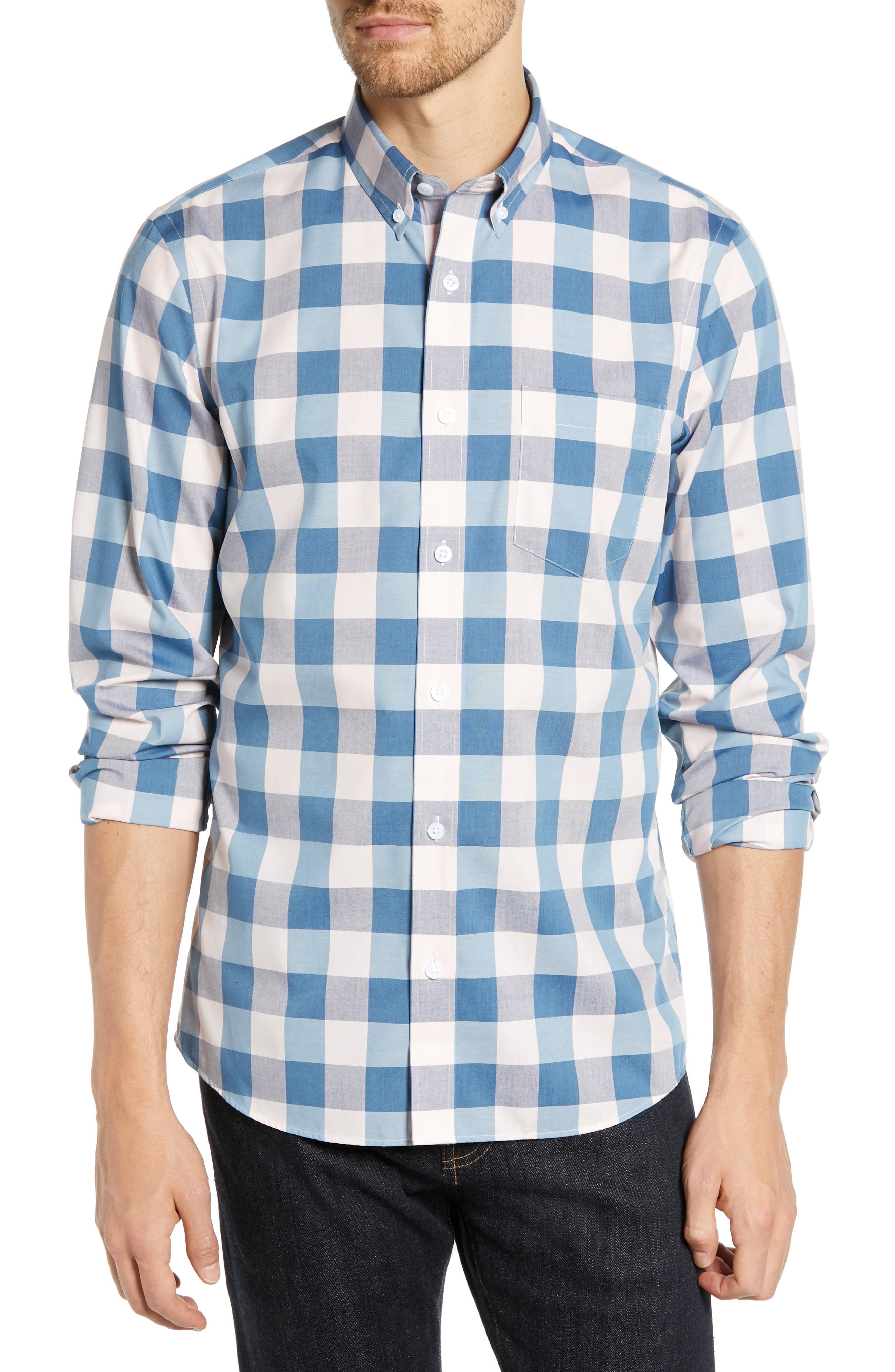 Nordstrom Shop Slim Fit Non-Iron Buffalo Check Sport Shirt, Blue