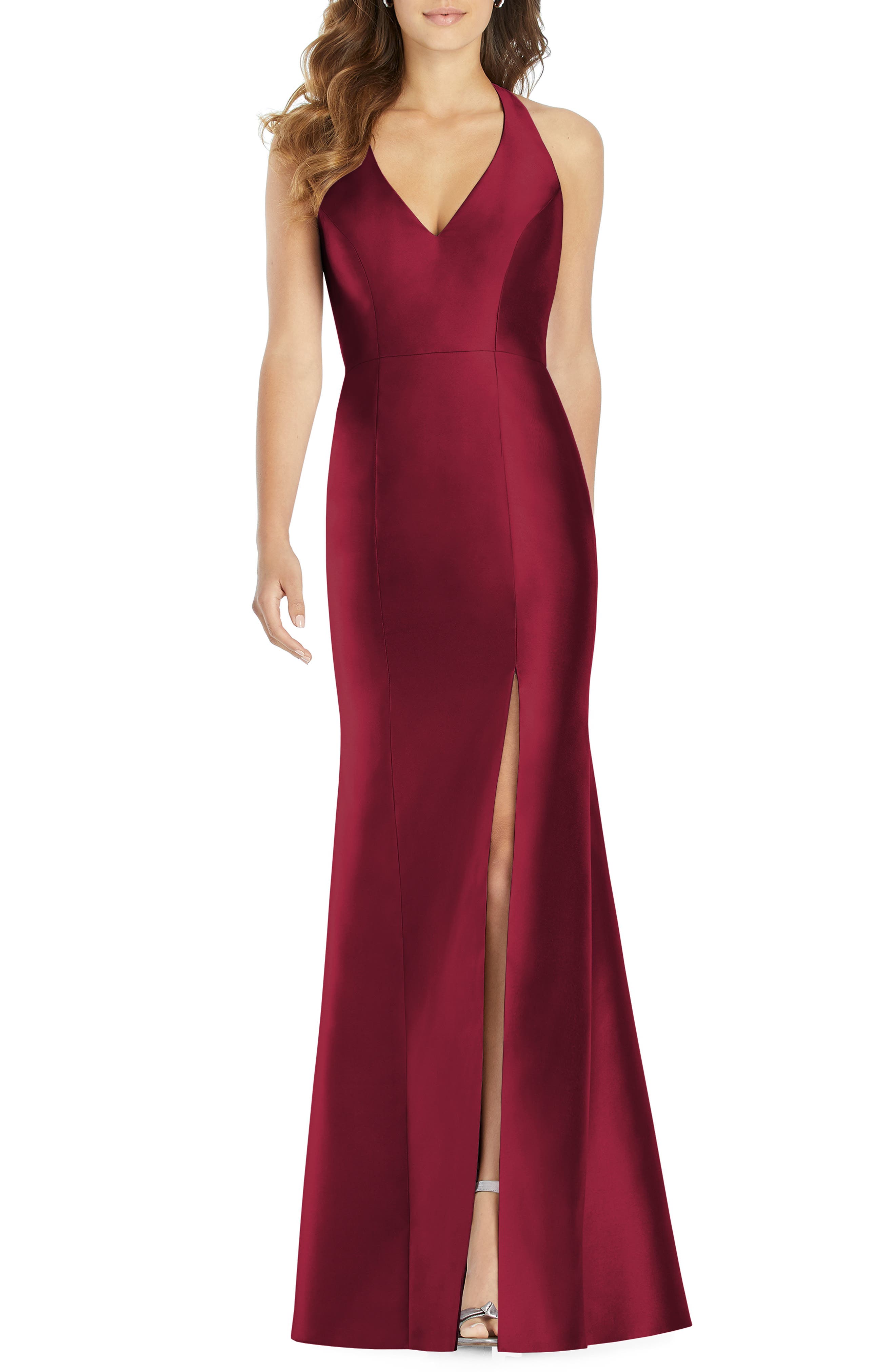 Alfred Sung Halter Neck Sateen Twill Trumpet Gown, Burgundy