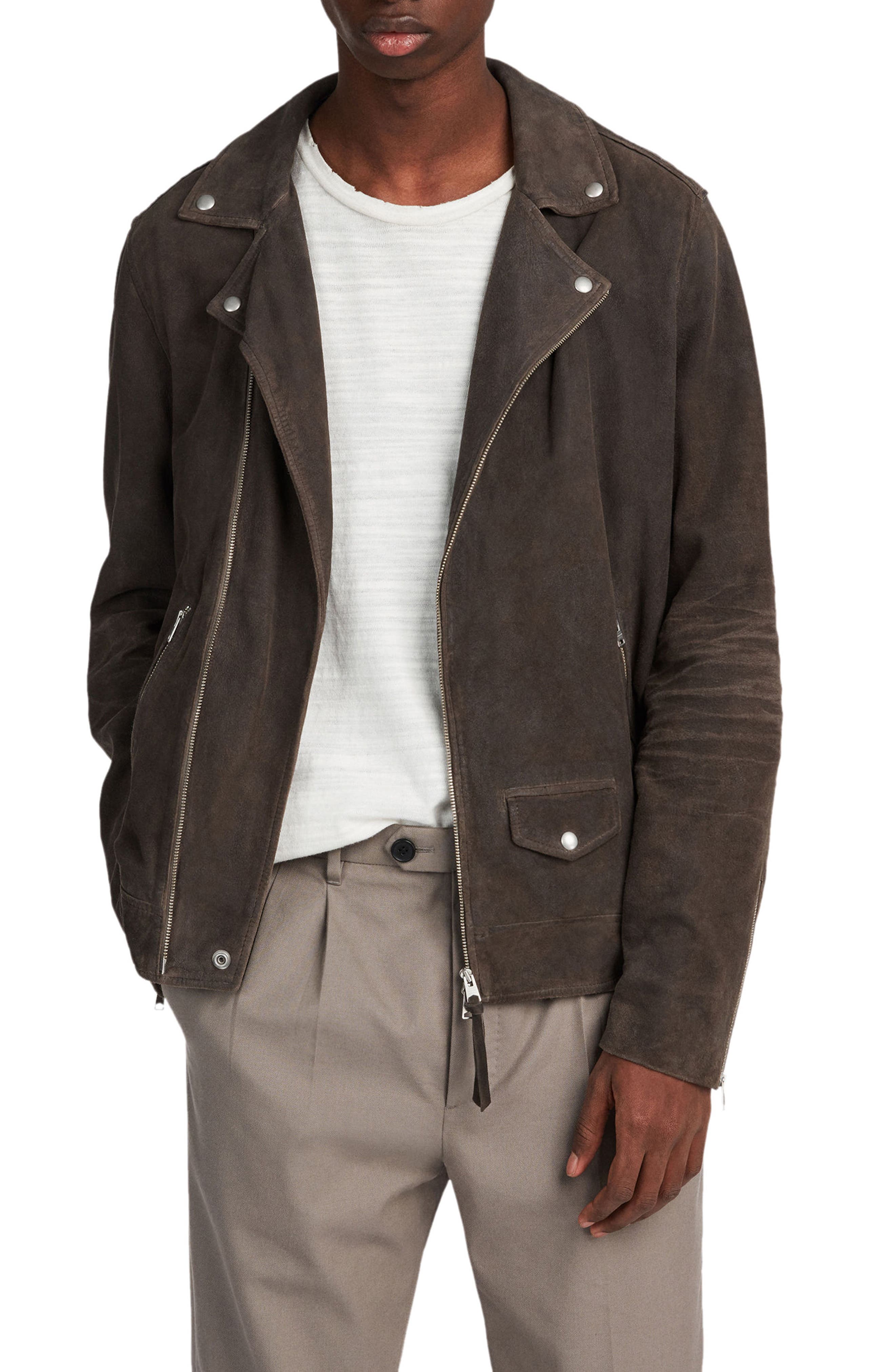 Allsaints Kano Suede Moto Jacket, Grey