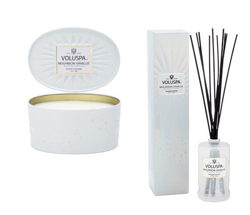 Voluspa Bourbon Vanille two-wick candle and oil diffuser.