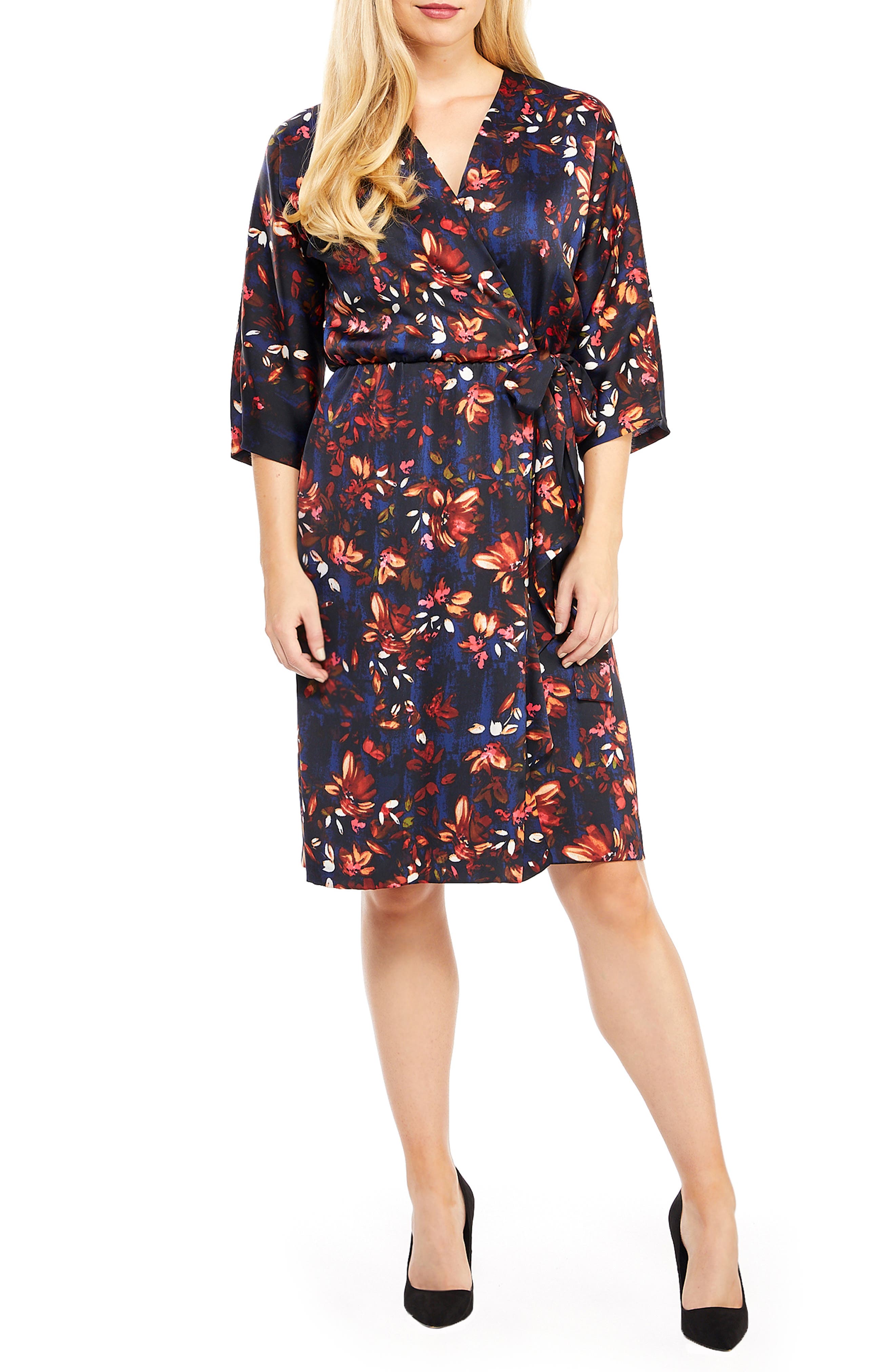 Maggy London Floral Print Charmeuse Faux Wrap Dress, Blue