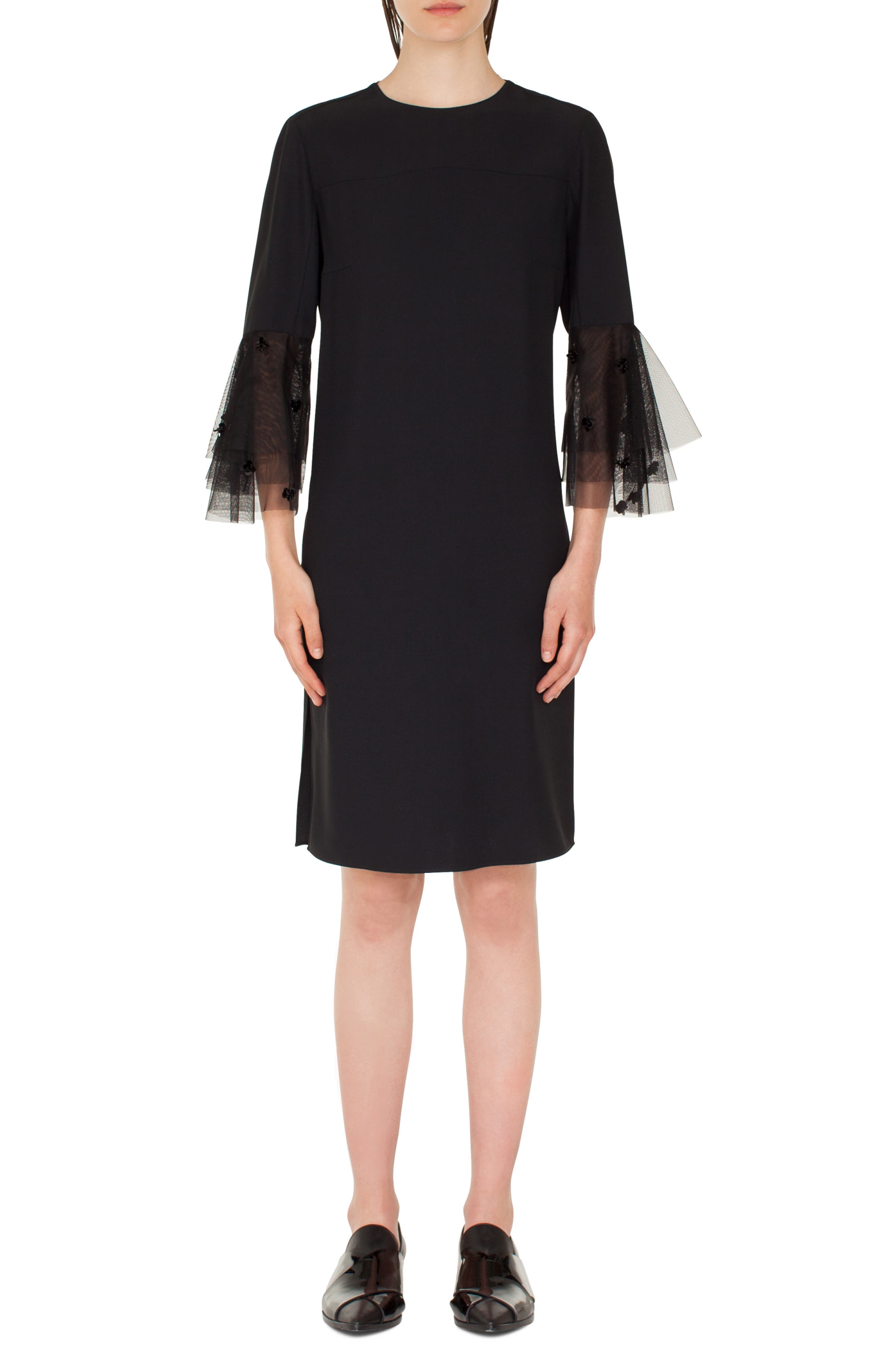Akris Punto Tulle Trumpet Sleeve Dress, Black