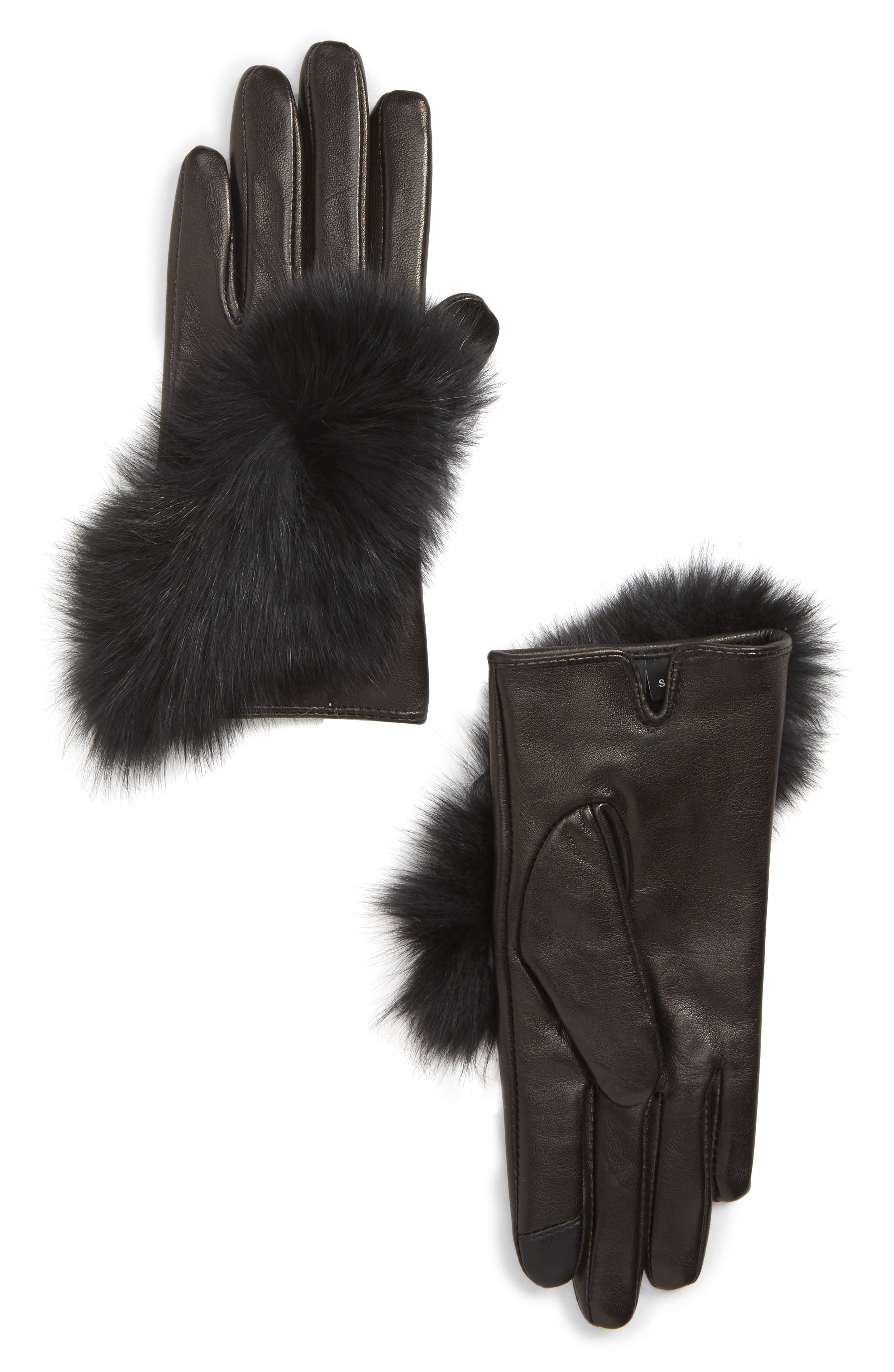 Echo Lambskin Leather Touchscreen Gloves With Genuine Fox Fur Trim, Black