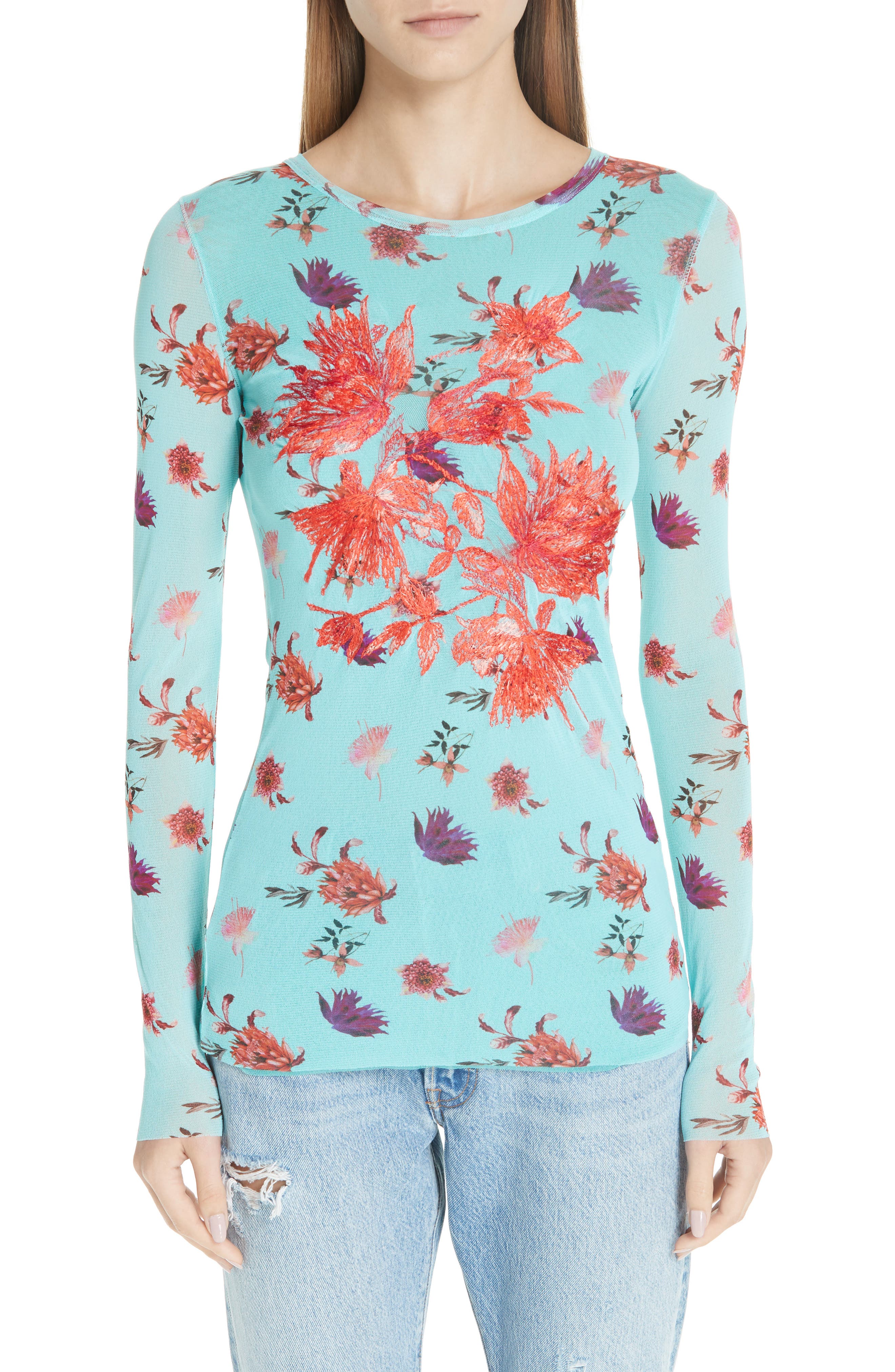 Fuzzi Embroidered Floral Tulle Top, Blue