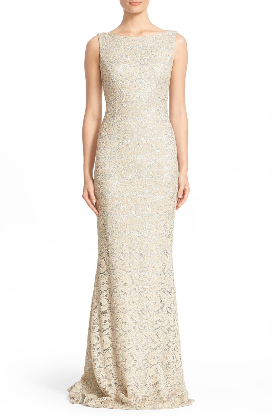 Carmen Marc Valvo Couture Sequin Lace Column Gown