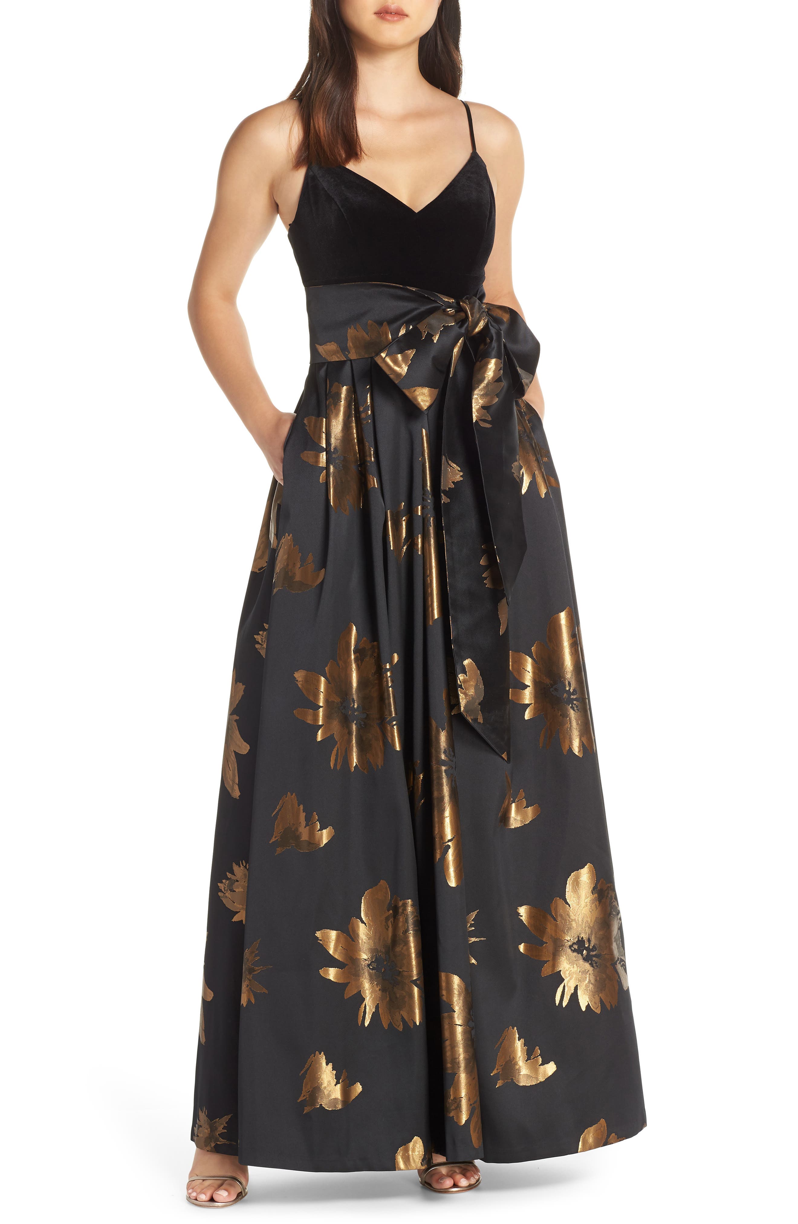 Eliza J Metallic Print Gown, Black