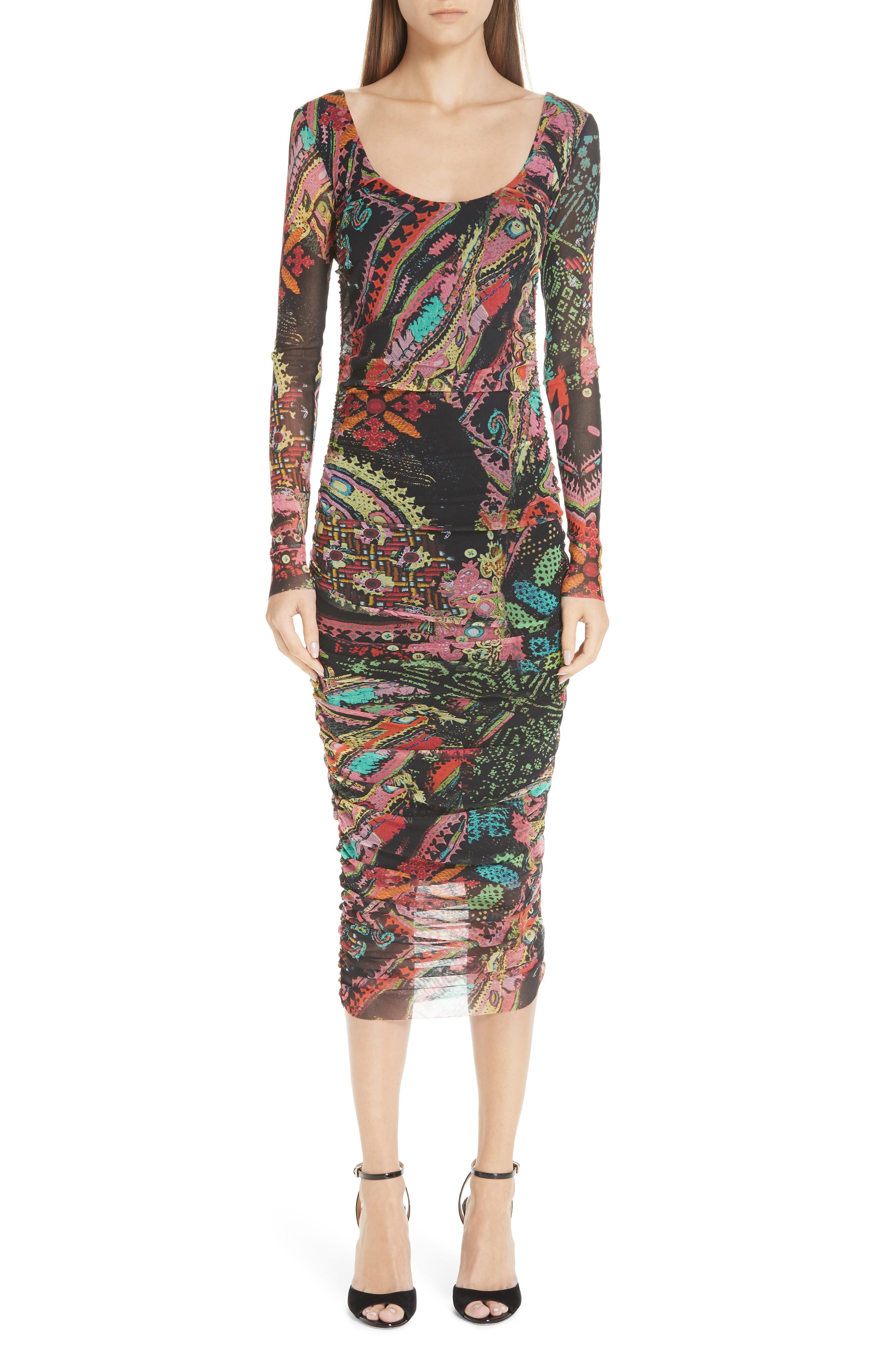 Fuzzi Print Tulle Scoop Neck Dress, Black
