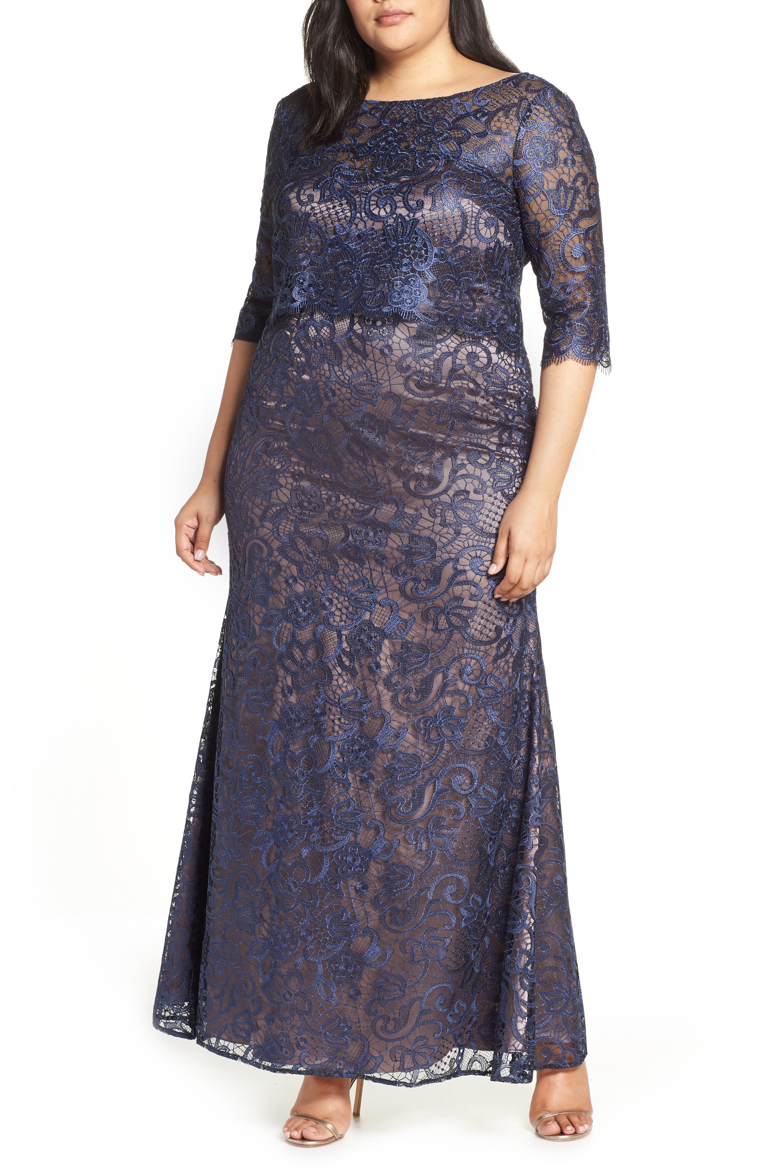 Plus Size Js Collections Embroidered Lace Scalloped Gown, Blue