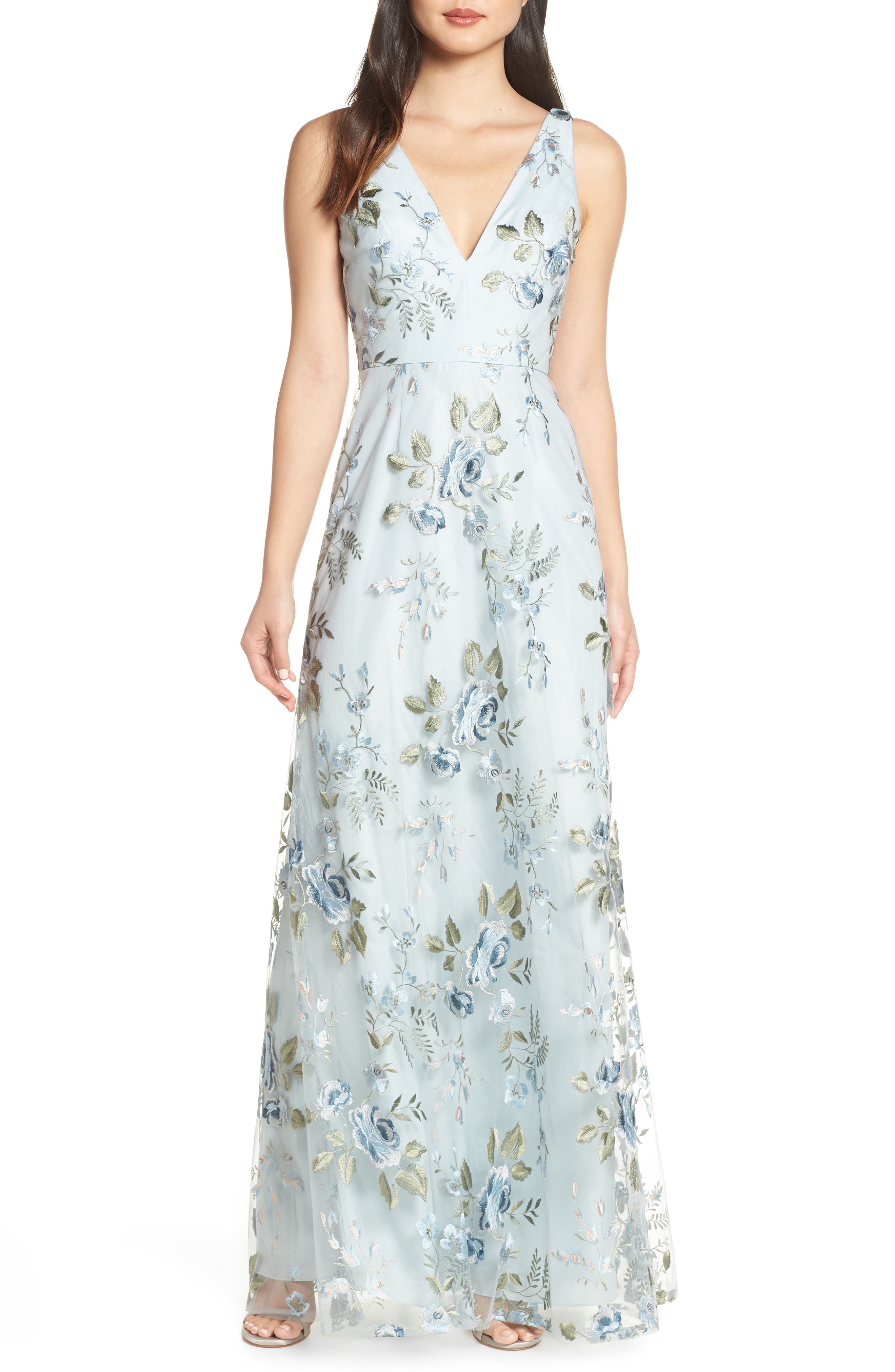 Jenny Yoo Tatum Floral Embroidered Tulle Evening Dress, Blue