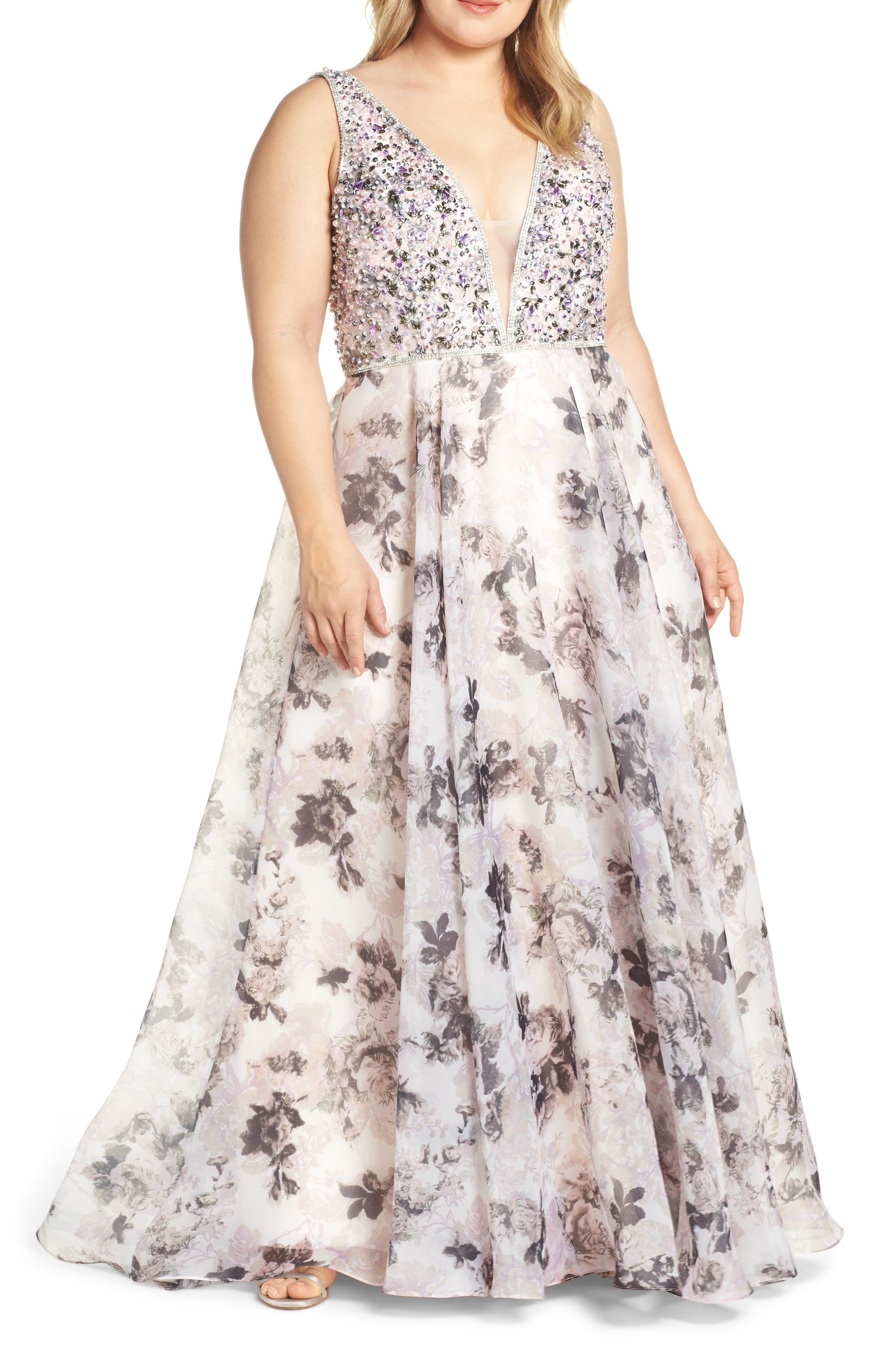 Plus Size MAC Duggal Floral Print Illusion V-Neck Evening Dress, Pink