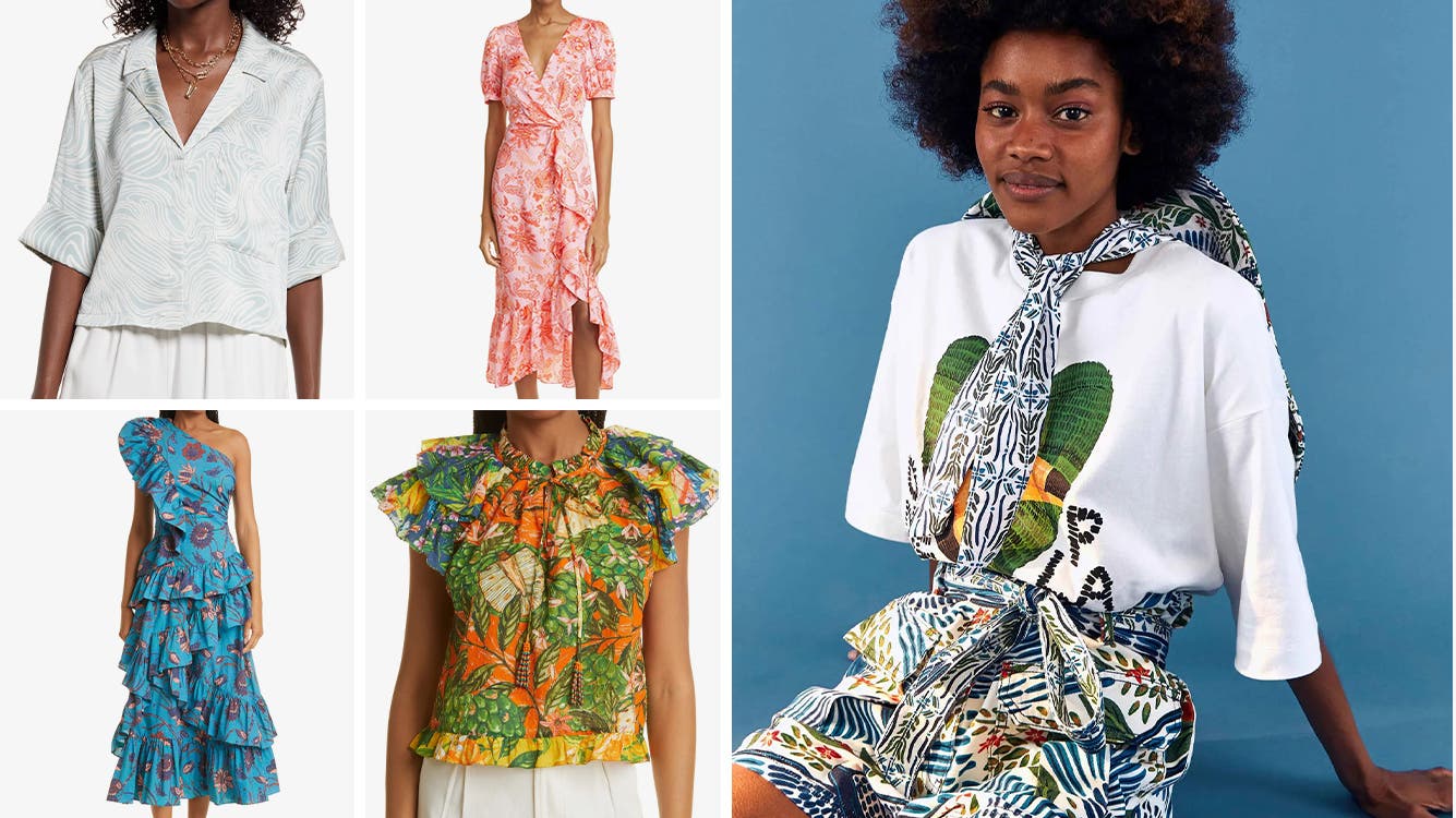 Clothing featuring tropical prints for summer vacation.