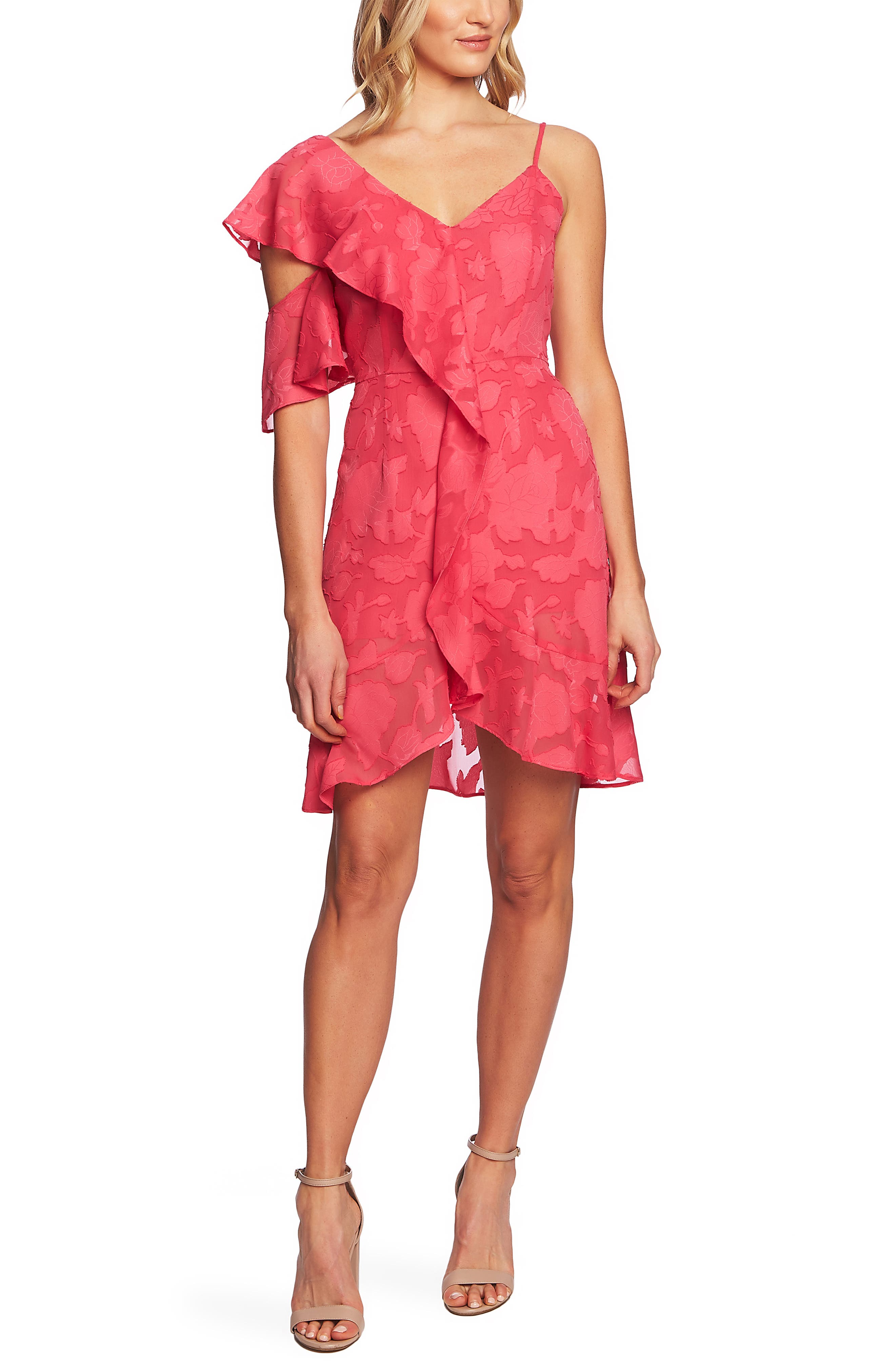 Cece Floral Burnout Asymmetrical A-Line Dress, Pink