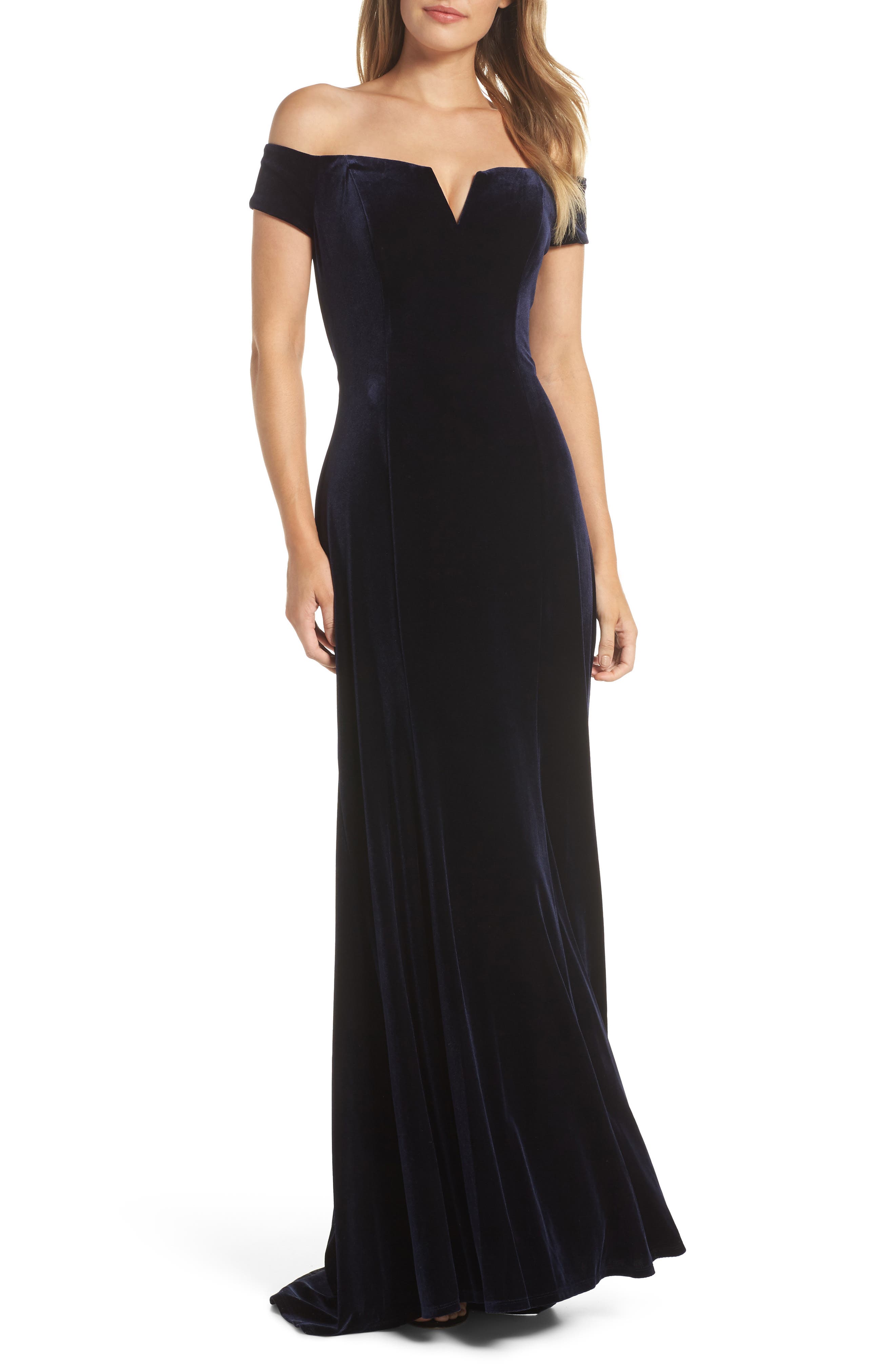 Vince Camuto Notch Neck Velvet Off The Shoulder Gown