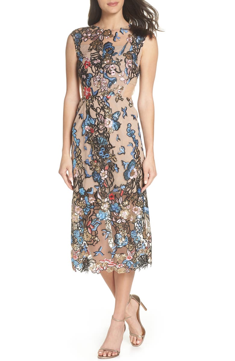 Bronx And Banco BIRD OF PARADISE SEQUIN EMBROIDERED MIDI DRESS