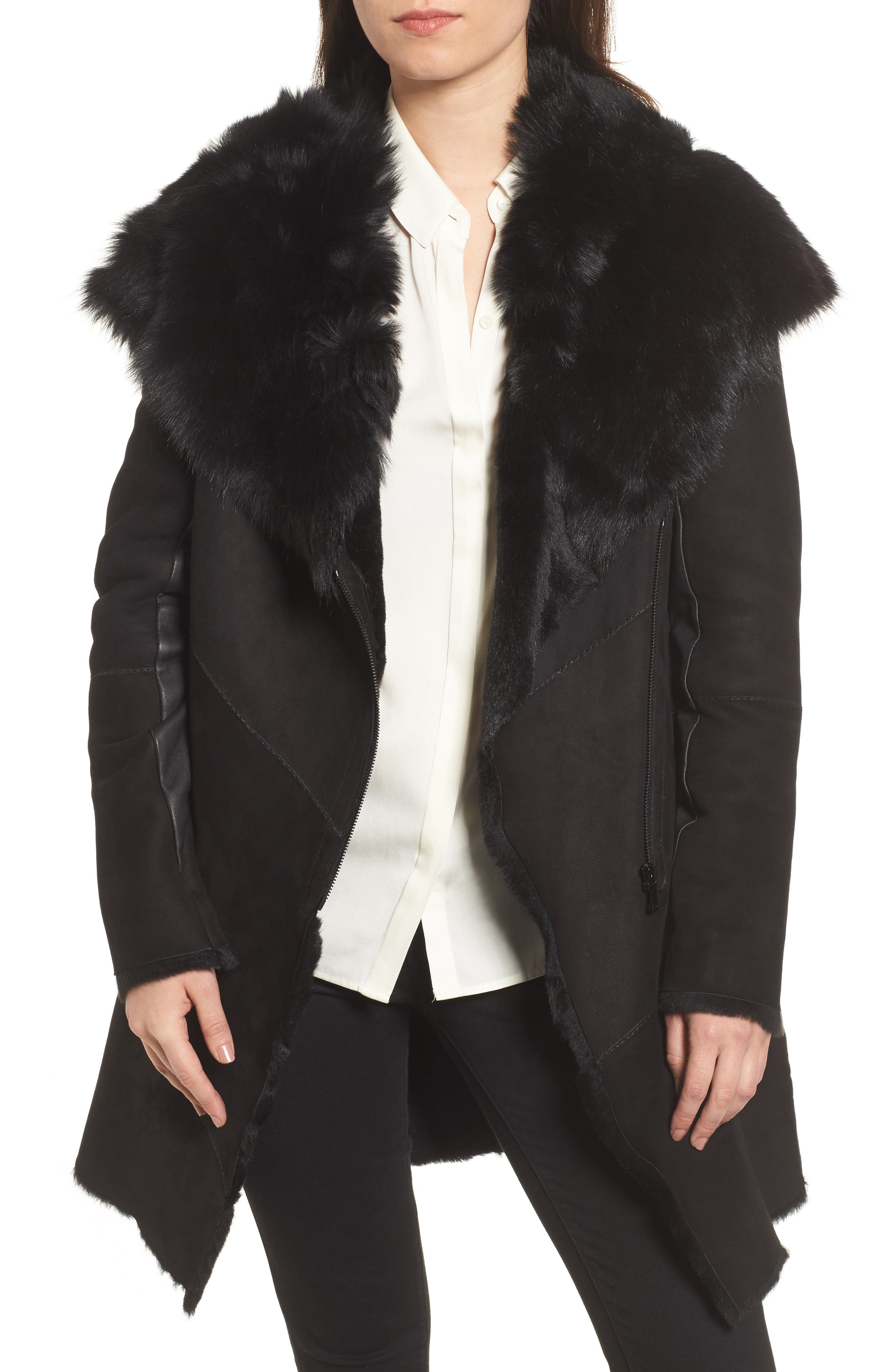 Hiso Asymmetrical Genuine Toscana Shearling Coat, Black
