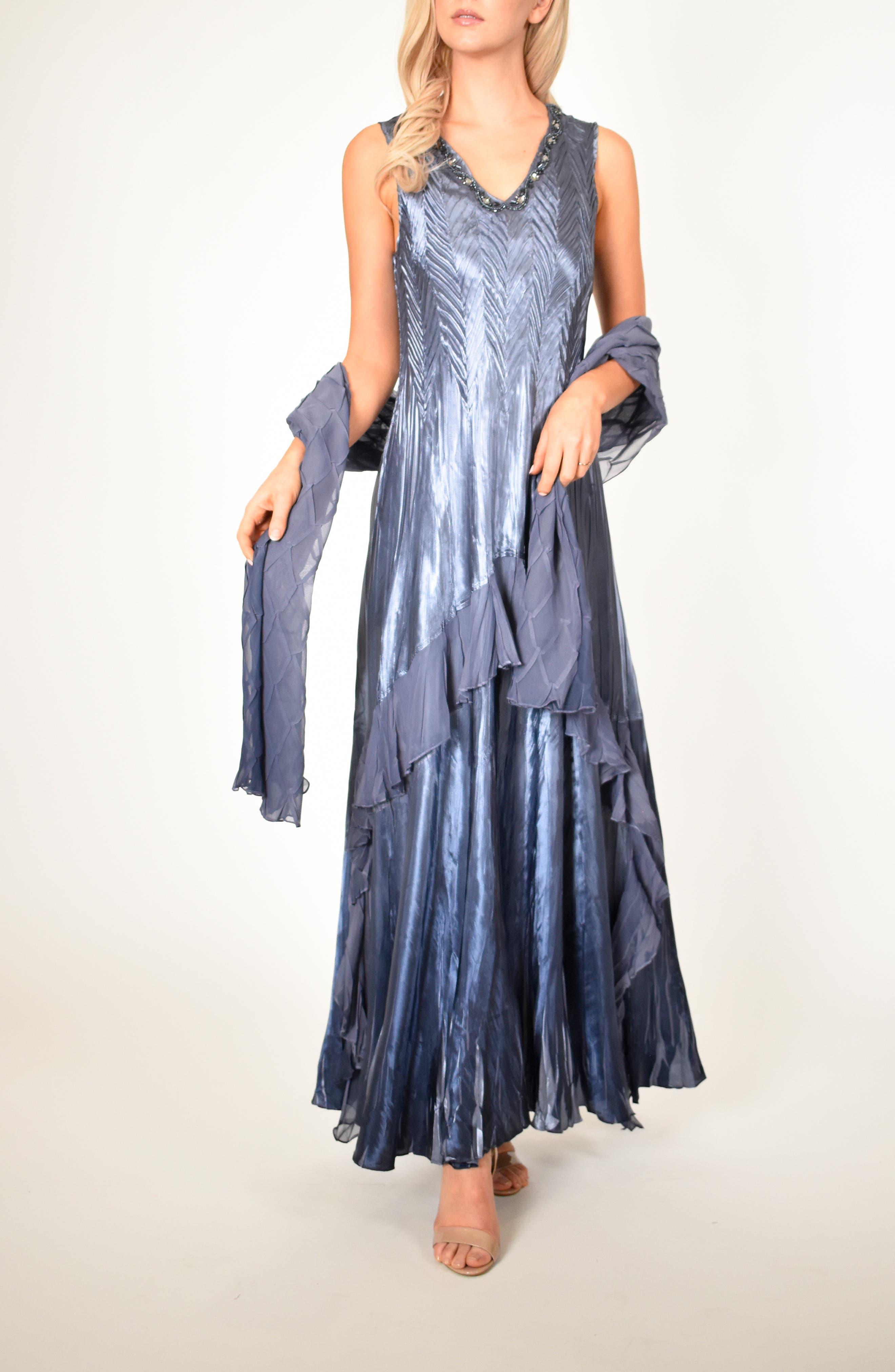 Petite Komarov Beaded V-Neck Charmeuse & Chiffon Evening Dress With Wrap, Blue