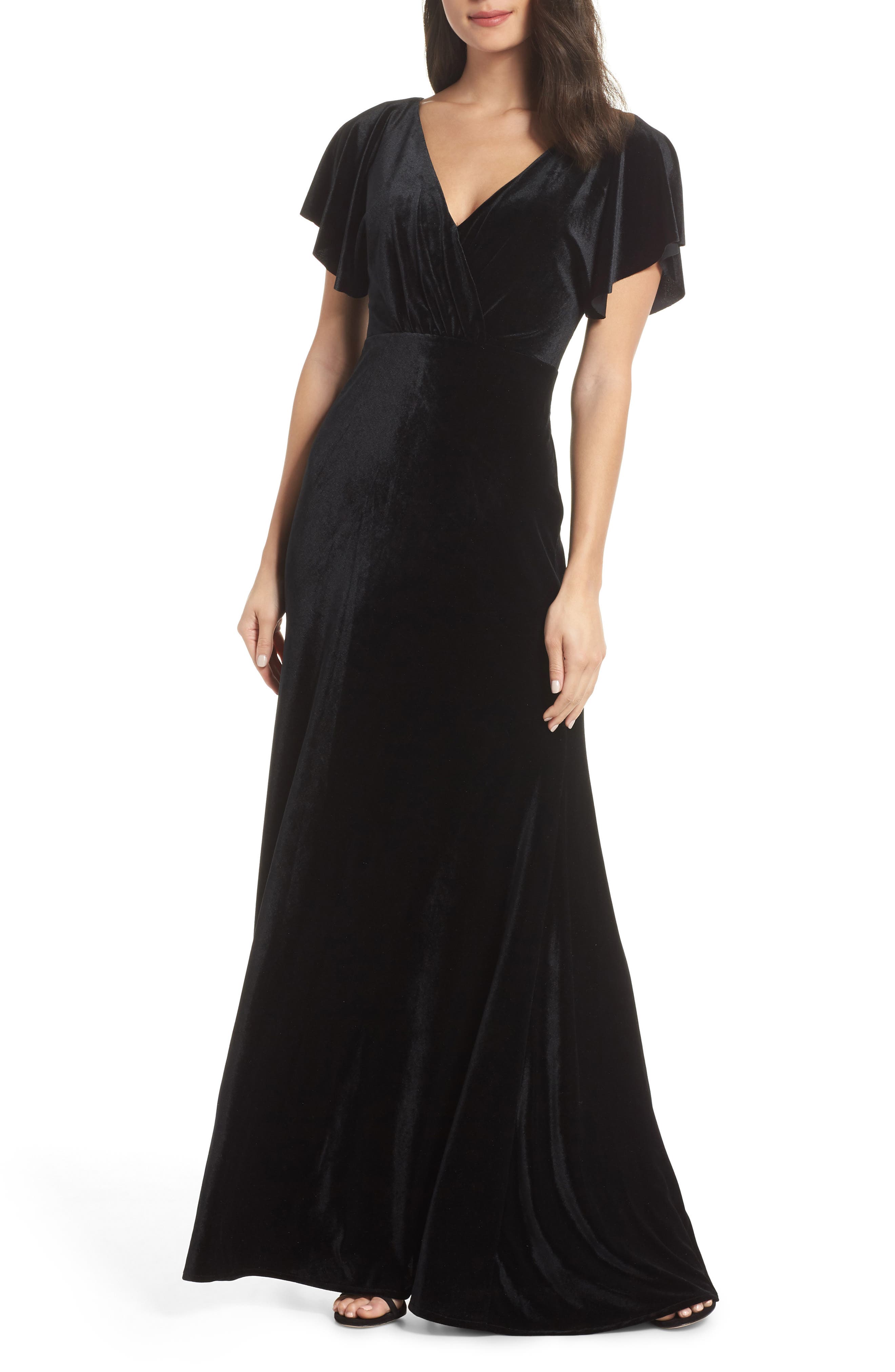 Jenny Yoo Ellis Flutter Sleeve Stretch Velvet Gown, Black