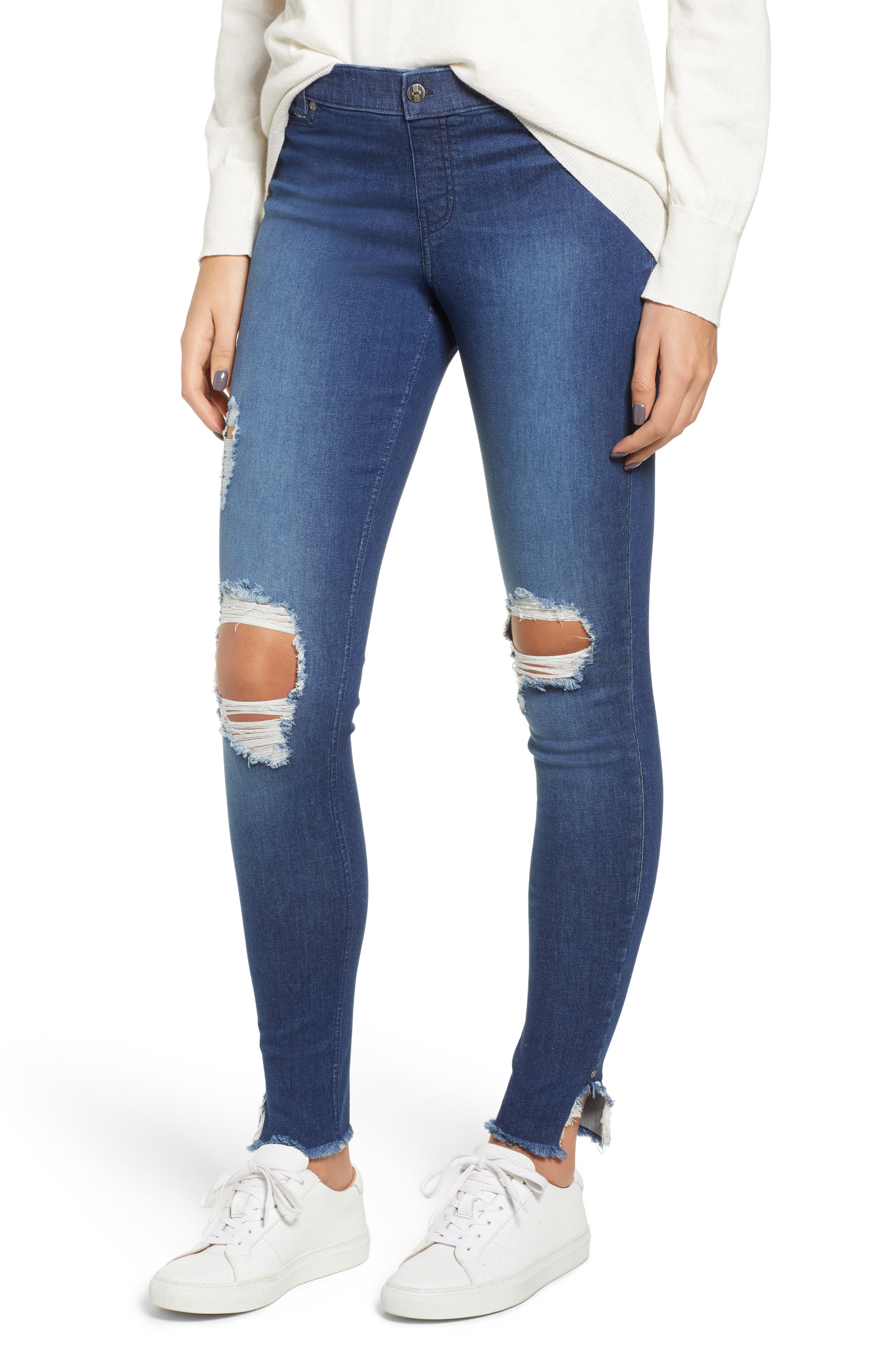 Hue Ripped Ankle Slit Denim Leggings, Blue