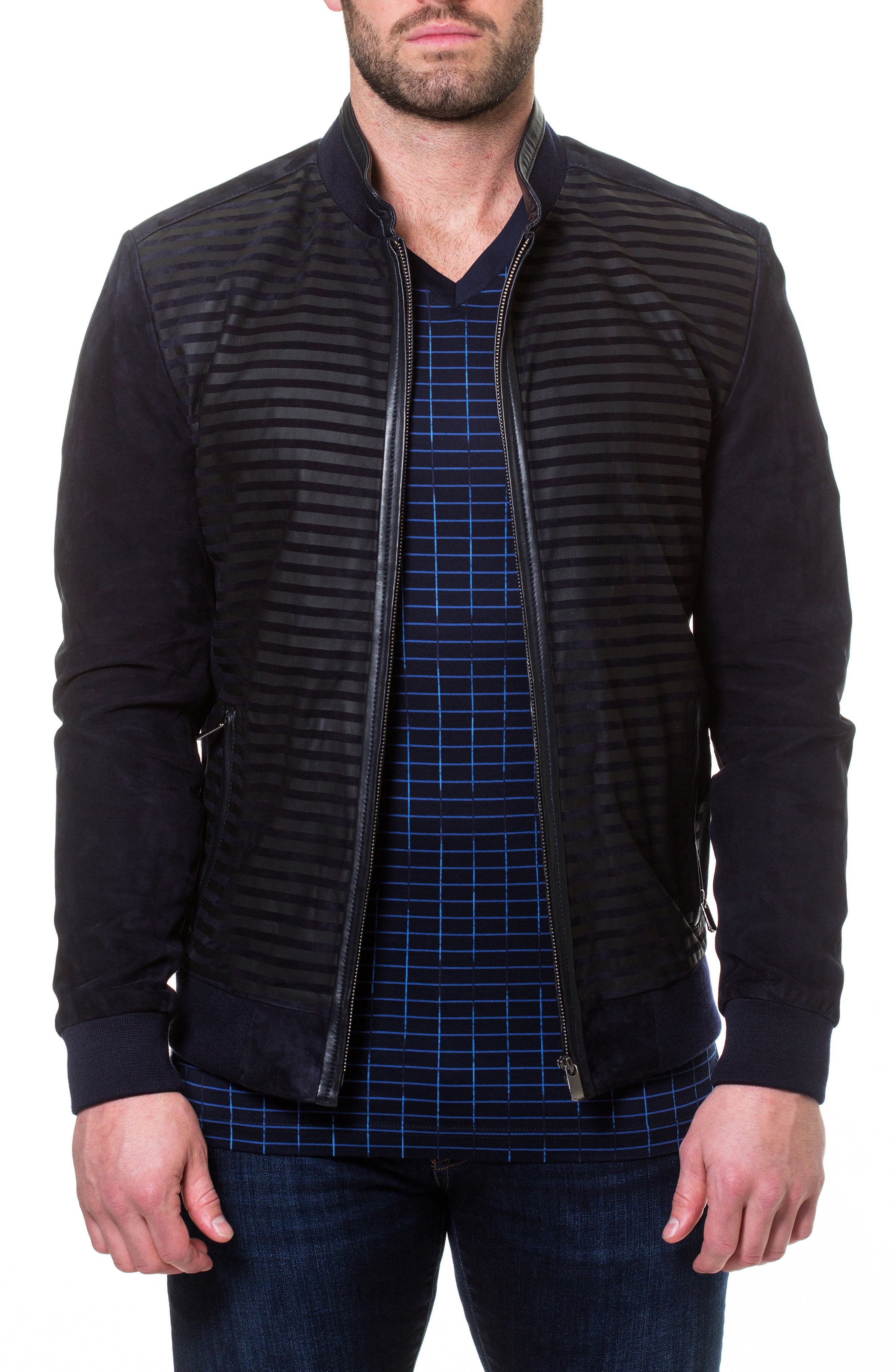 Maceoo Stripe Suede Bomber Jacket, Blue
