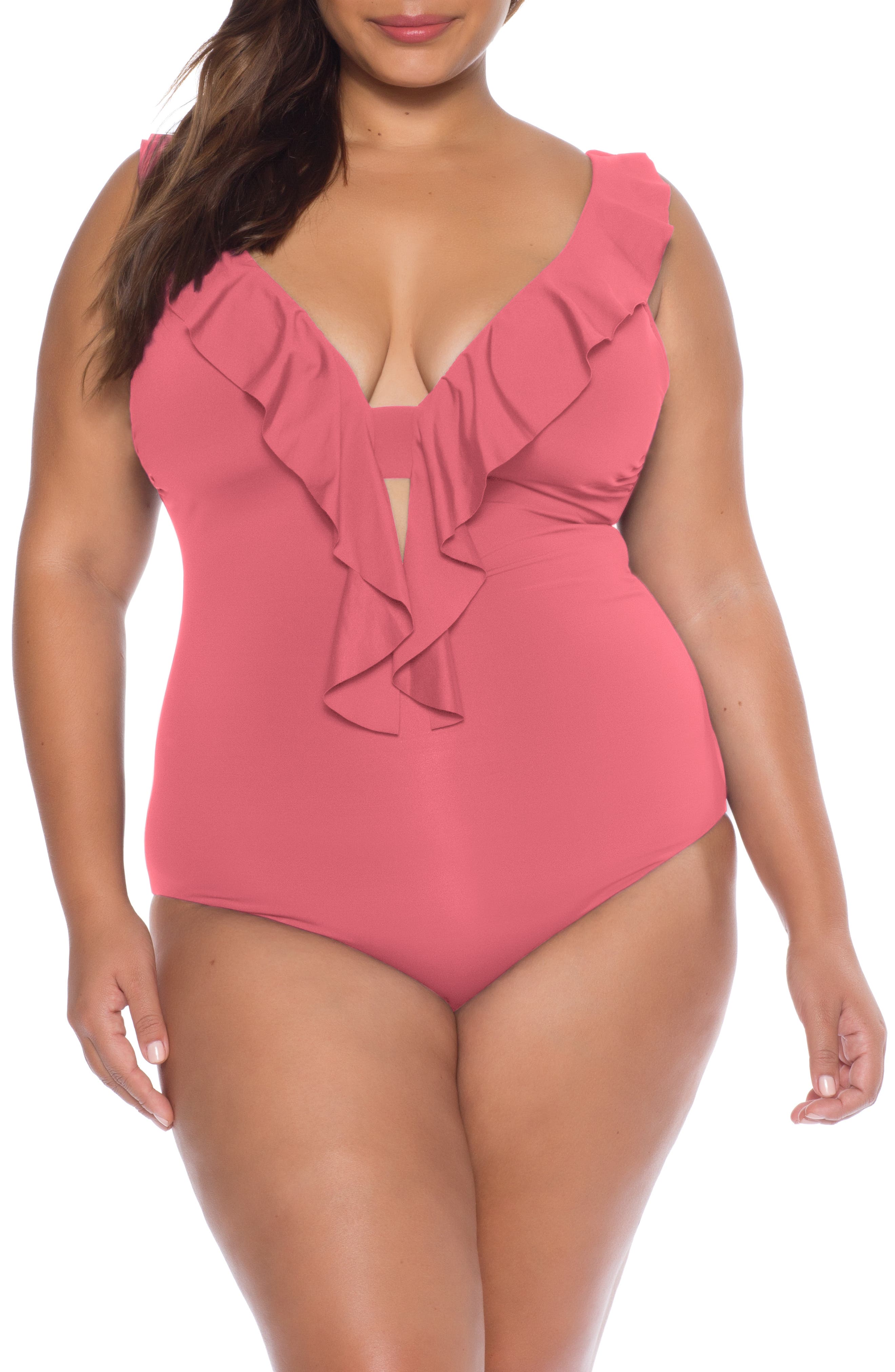 Plus Size Becca Etc. Socialite Ruffle One-Piece Swimsuit, Coral