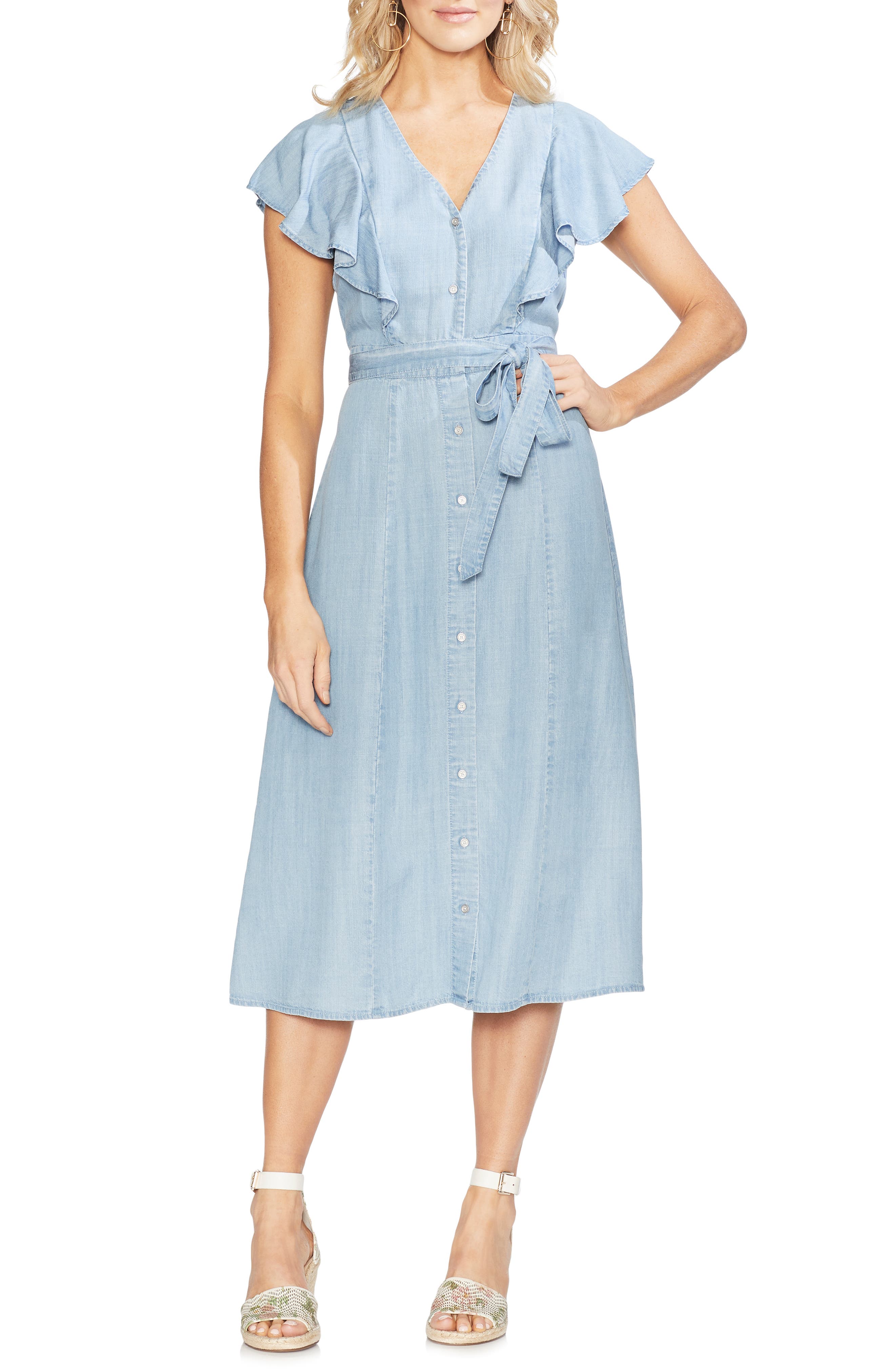 Vince Camuto Ruffle Front Chambray Midi Dress, Blue