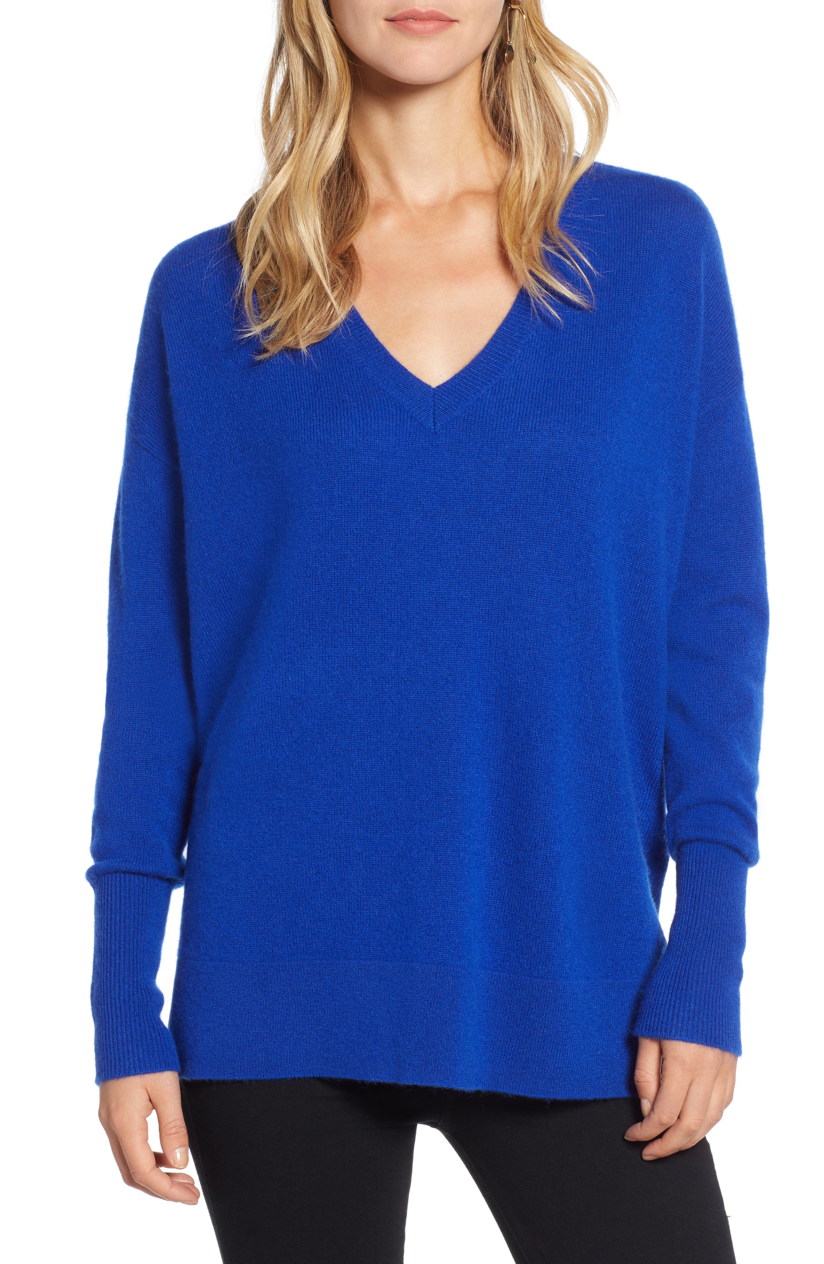 Halogen Relaxed V-Neck Cashmere Sweater, Blue