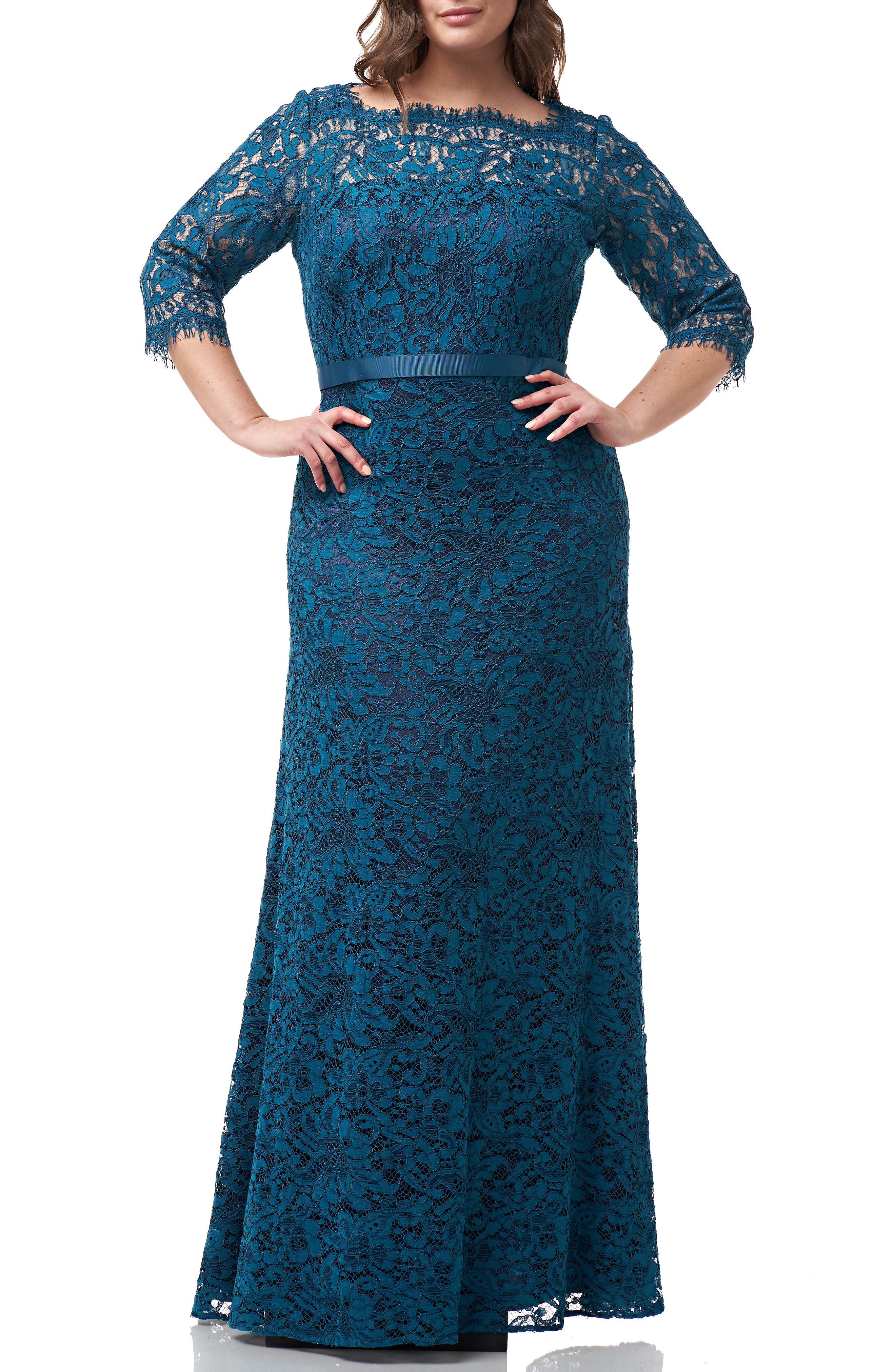 Plus Size Js Collections Bateau Neck Lace Gown, Blue/green