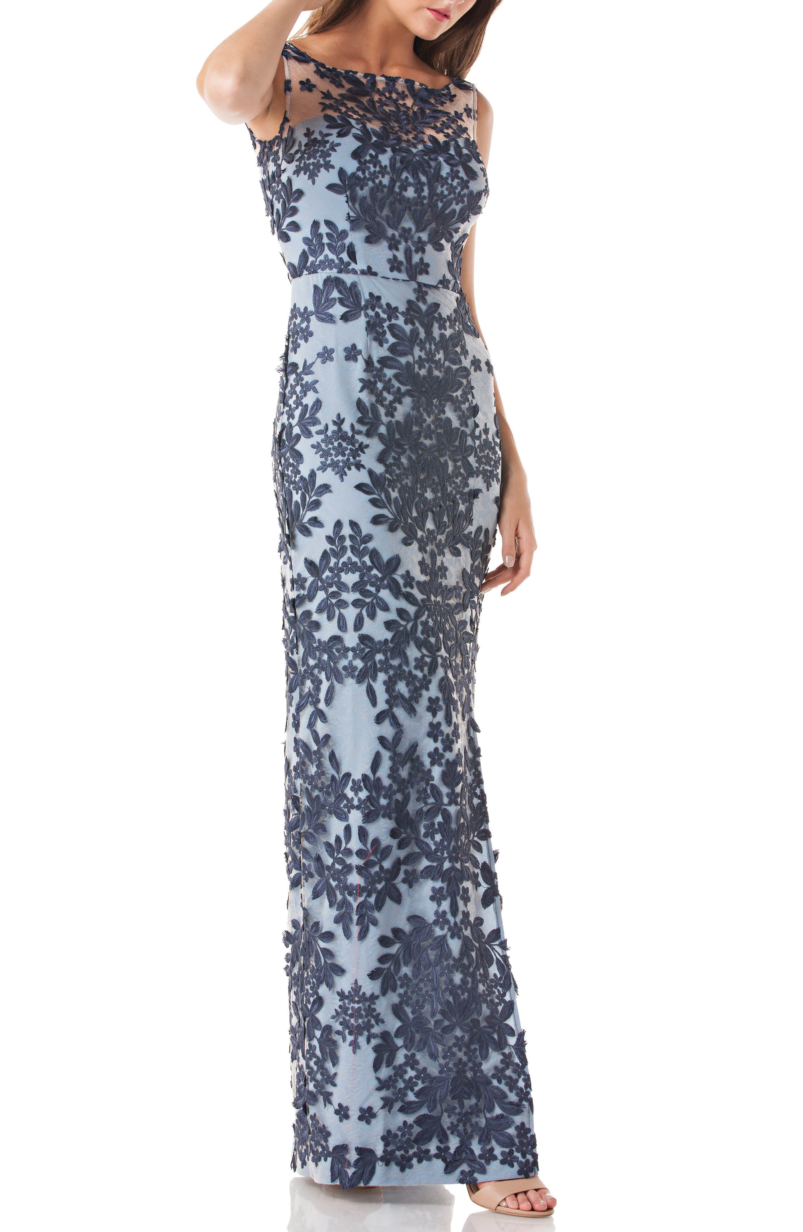 Js Collections Leaf Embroidered Gown, Blue