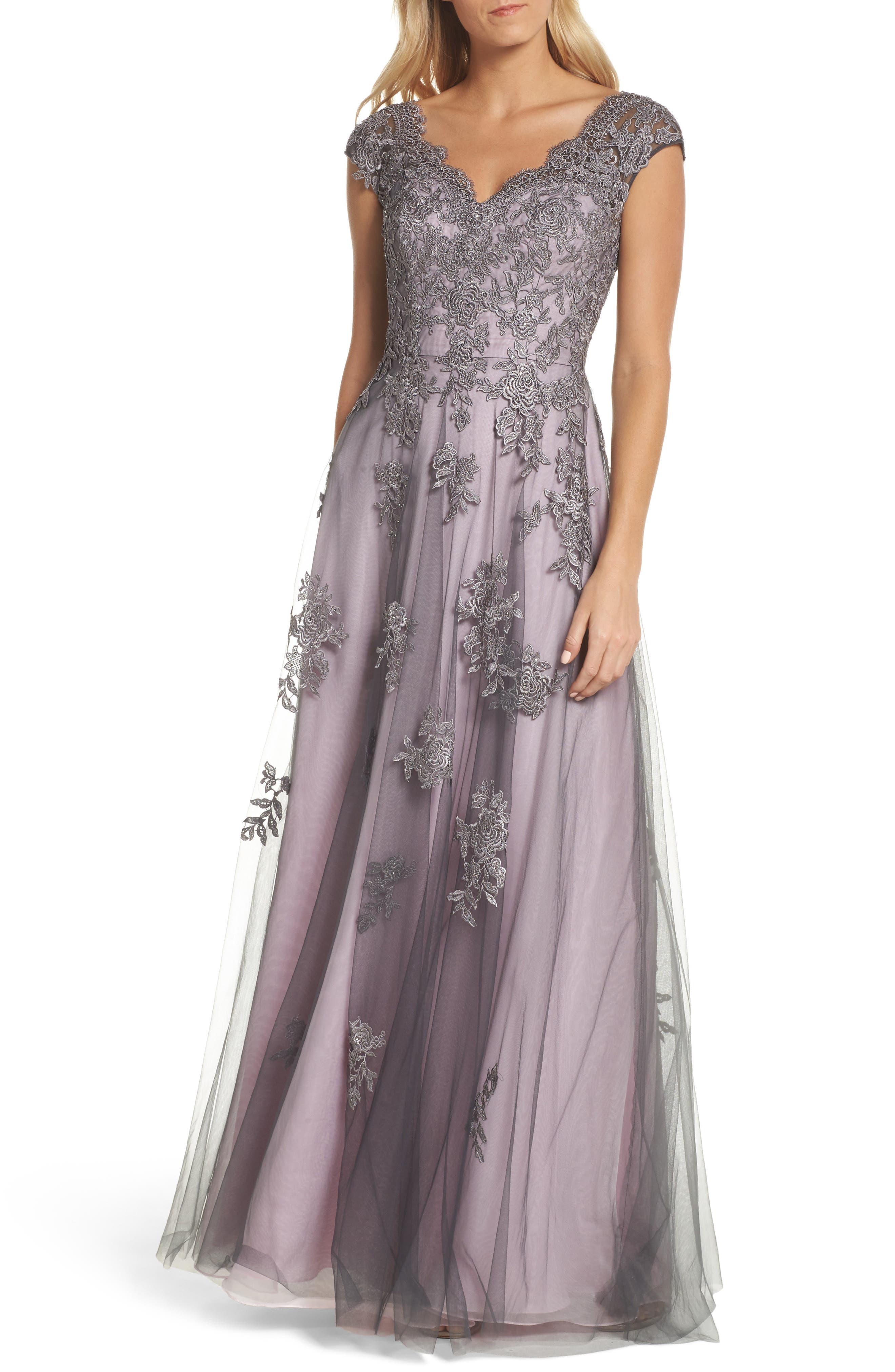 La Femme Embellished Mesh A-Line Gown, Pink