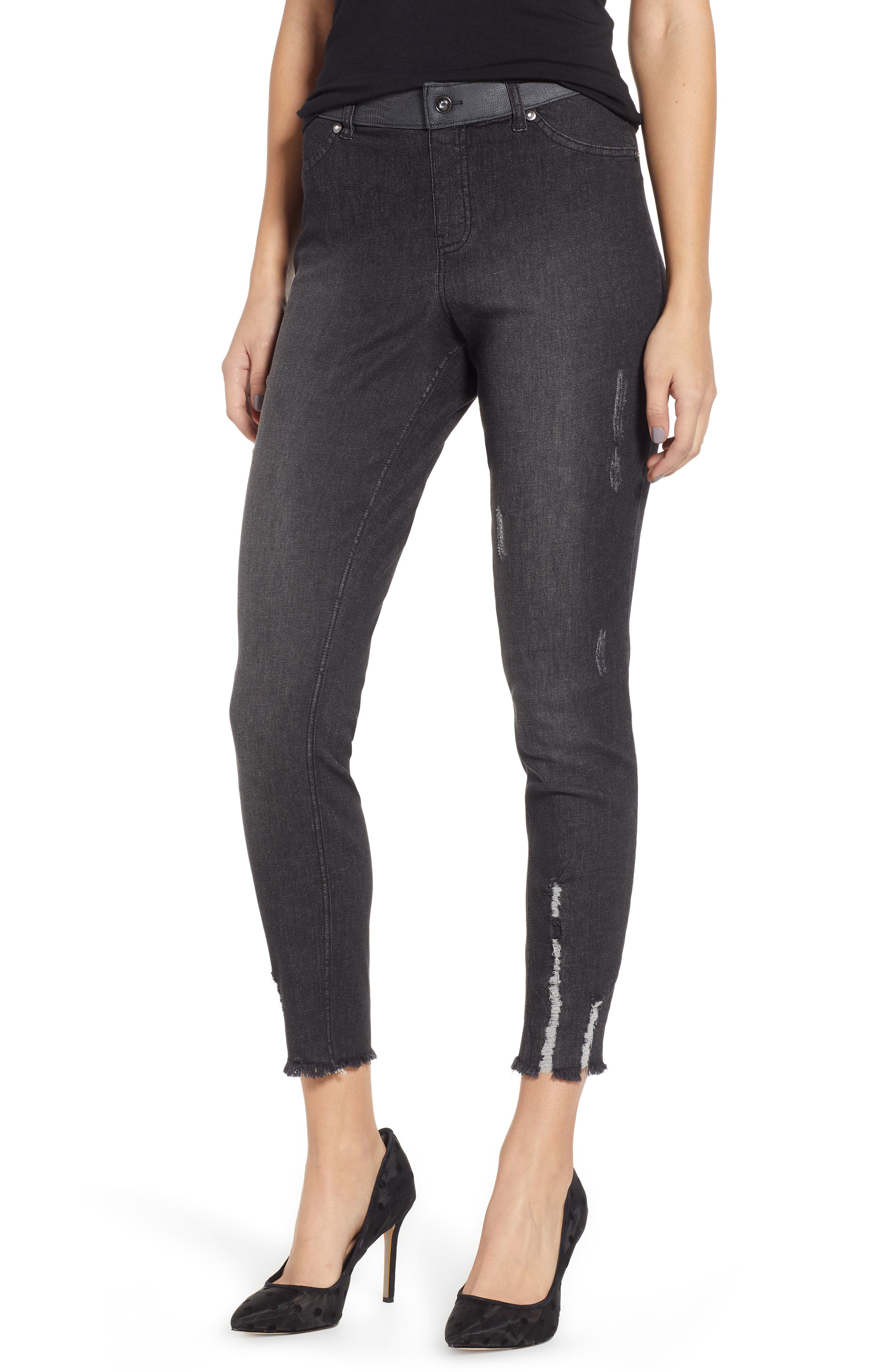 Zeza B By Hue Metallic Waistband Denim Skimmer Leggings, Black