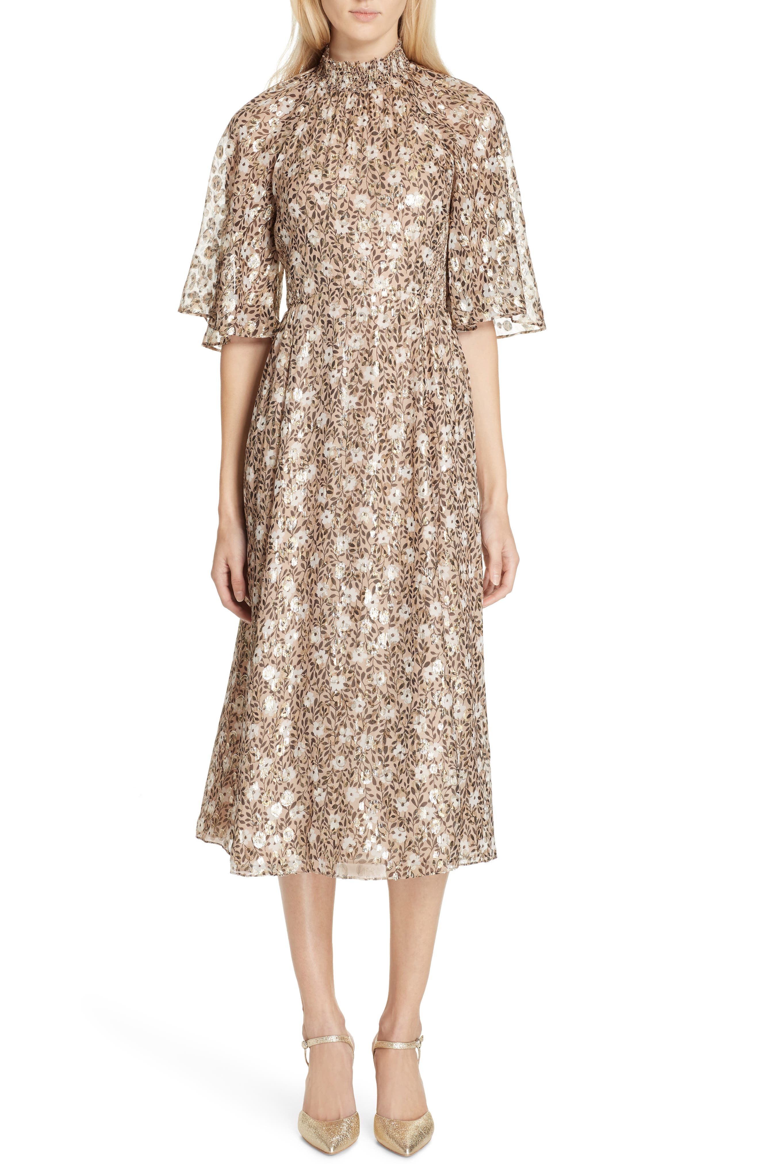 Kate Spade New York Floral Park Metallic Detail Silk Blend Midi Dress