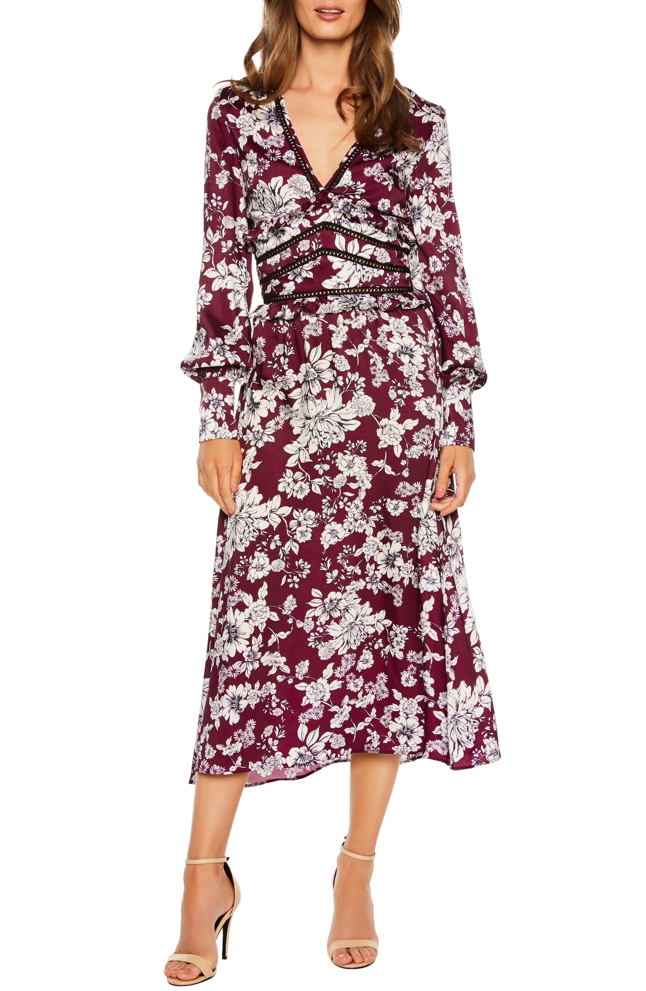 Bardot Jolie Print Midi Dress, Burgundy